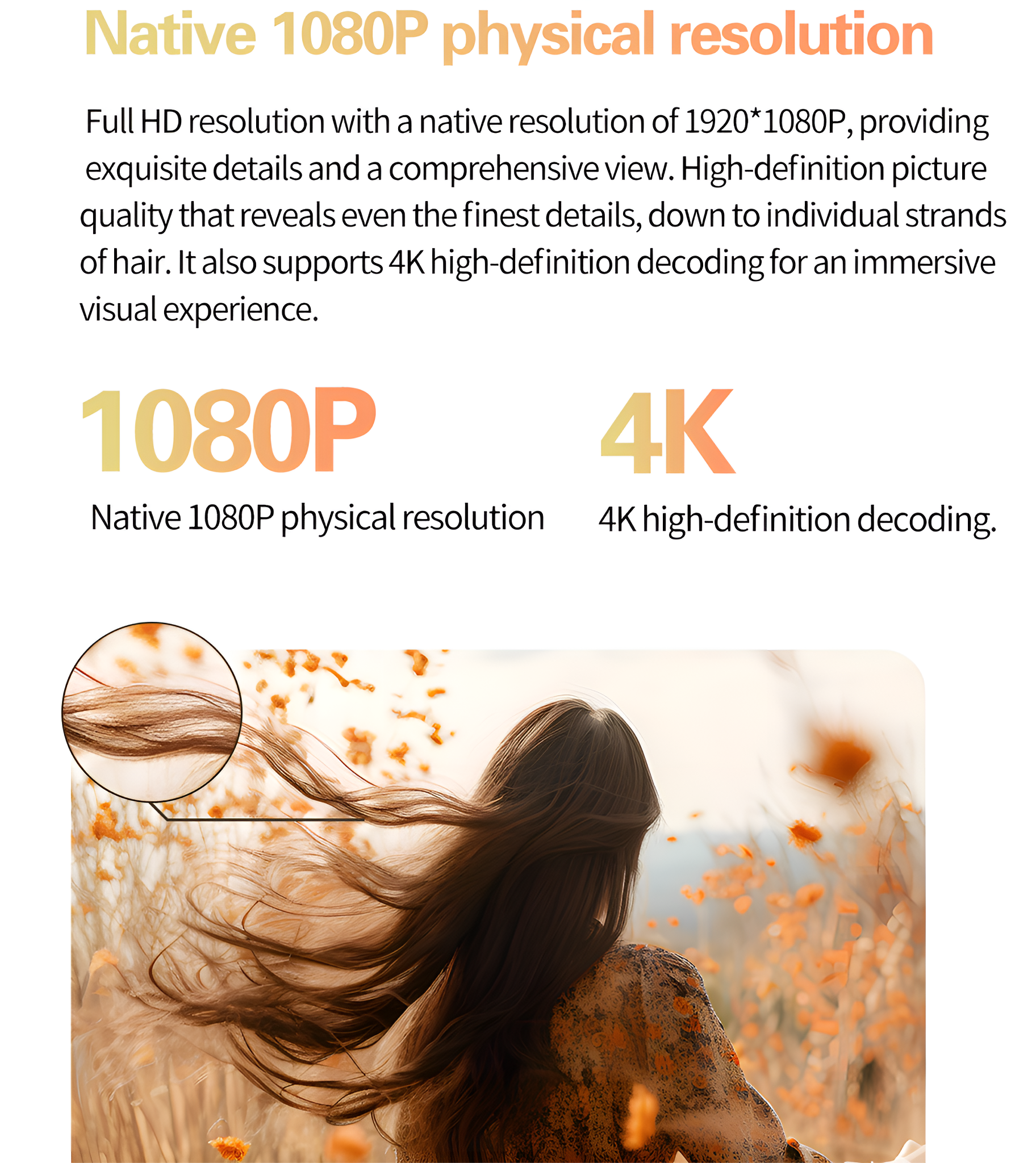 Das Haar einer Frau weht im Wind. Text beschreibt 1080P und 4K Auflösung.