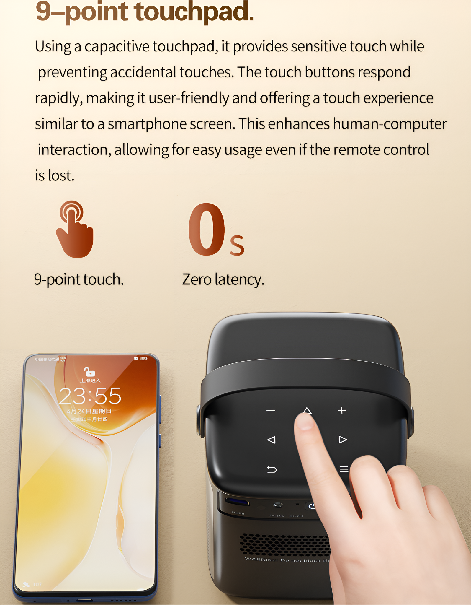 Projektor mit Telefon daneben. Hand berührt Projektortasten. Text: 9-Punkt-Touch, Null Latenz.