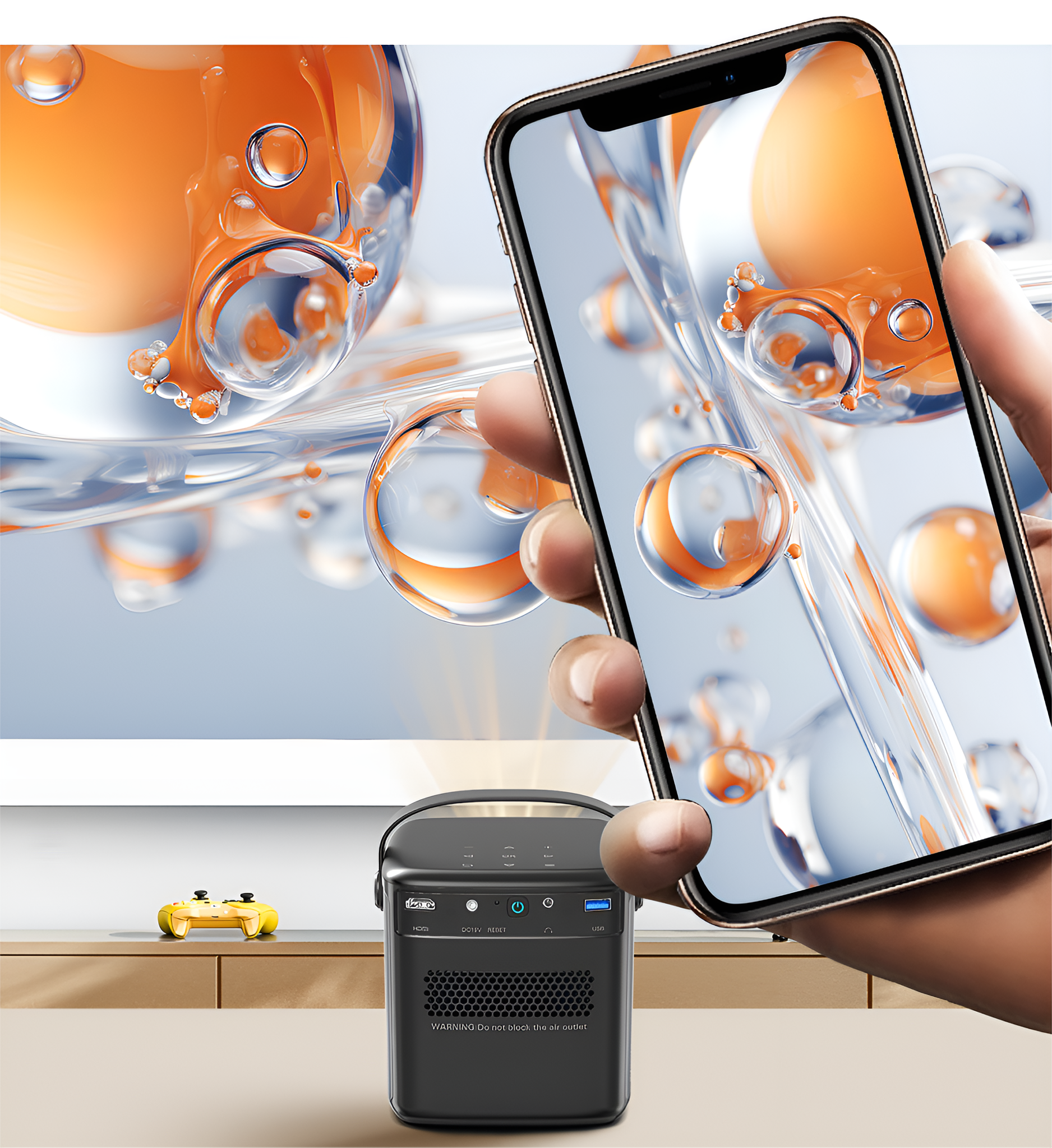 Ein Smartphone, das ein Bild eines tragbaren Luftreinigers mit einer Hand zeigt, die es hält.
