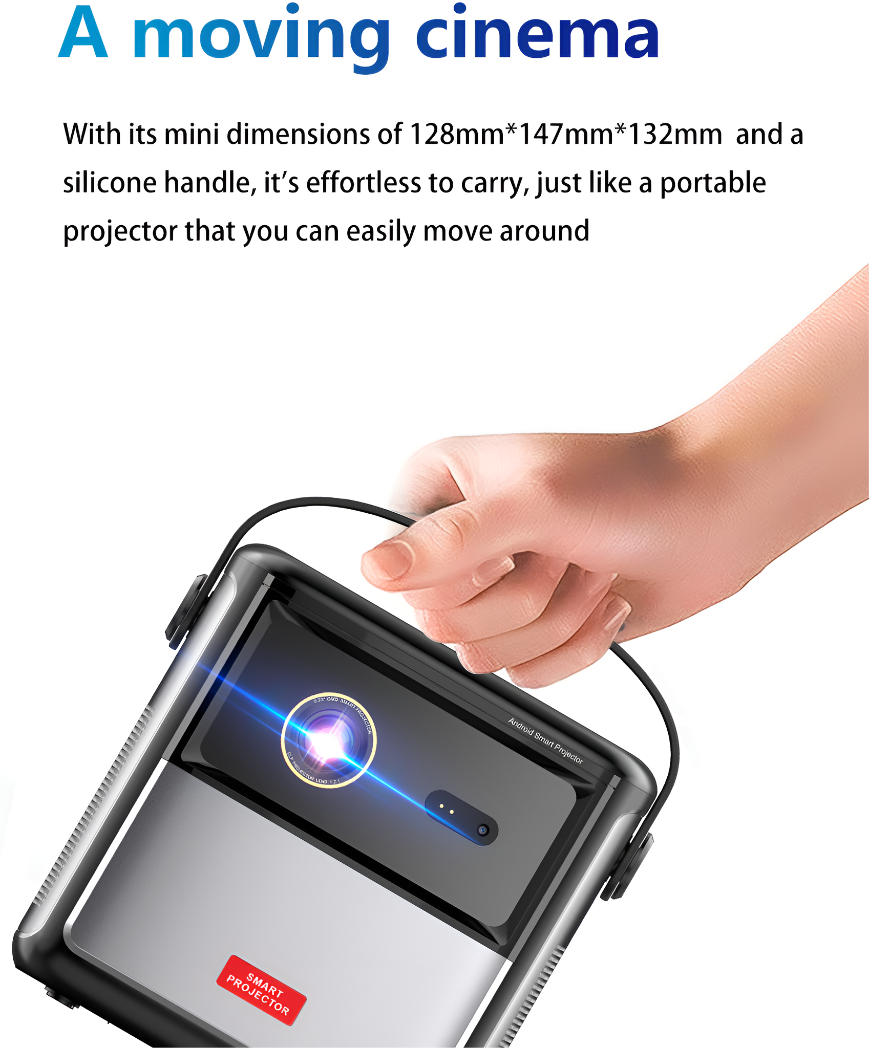 Ein schwarzer und silberner Projektor, der von einer Hand gehalten wird. Text 'SMART PROJECTOR' sichtbar.