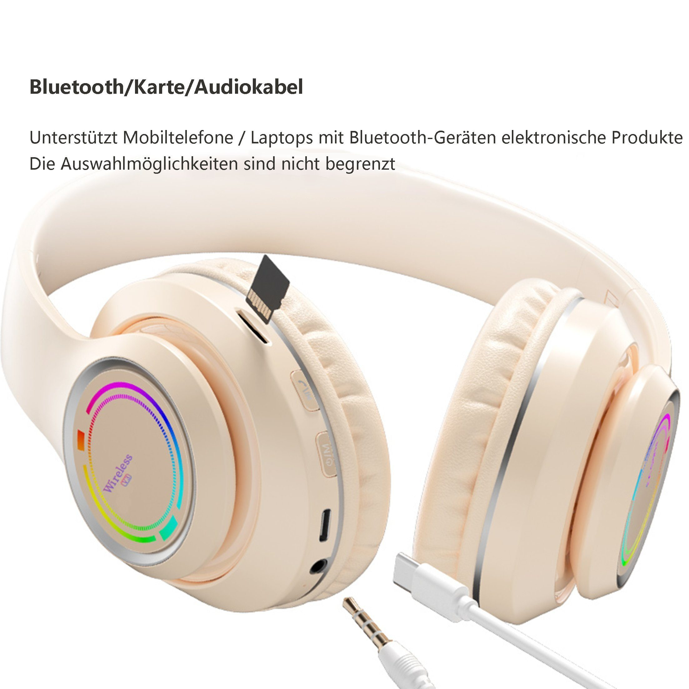 Beige Kopfhörer mit Kabel und USB-C-Anschluss. Text über Bluetooth, Audiokabelunterstützung und mehr.