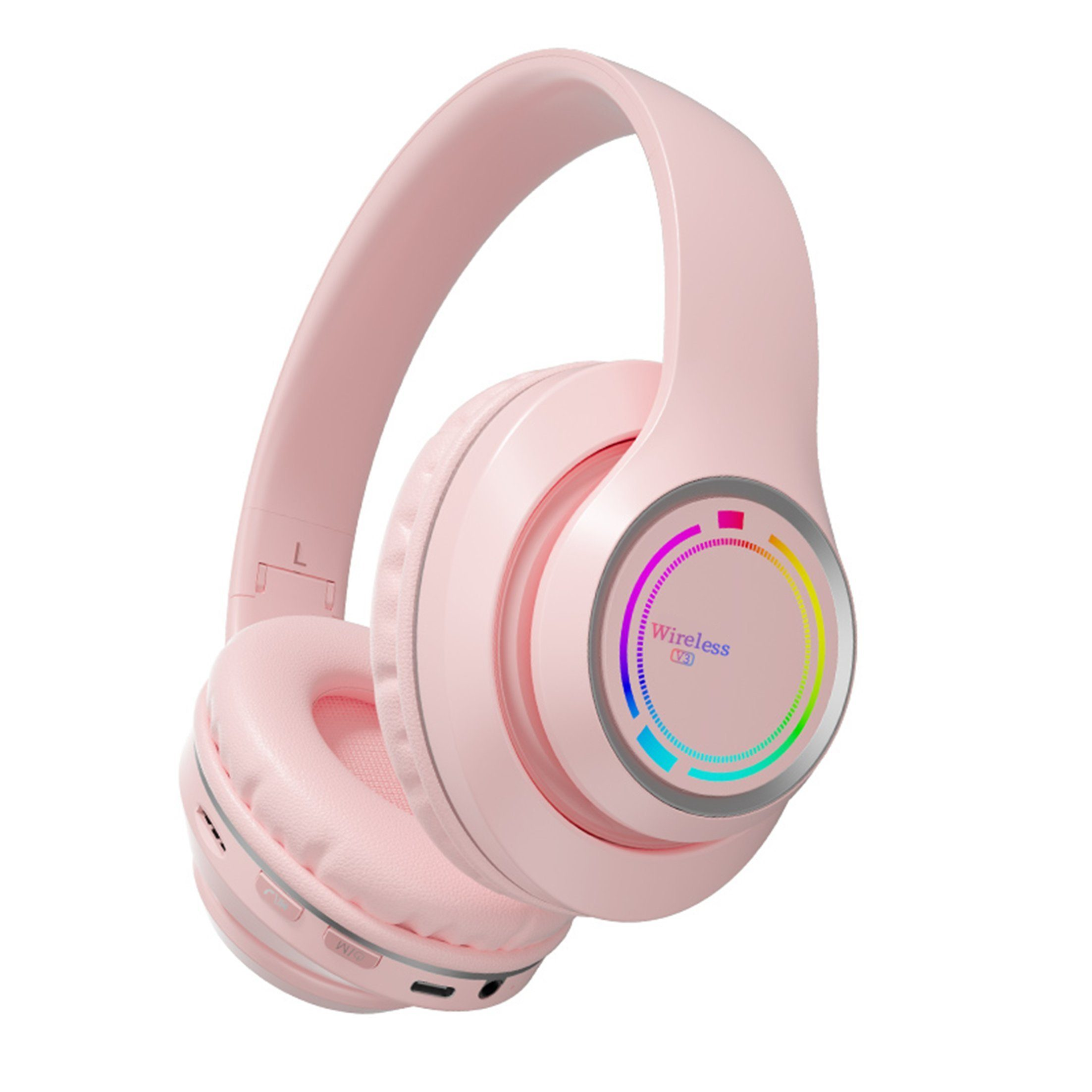 Rosa kabellose Kopfhörer. Ohrmuscheln, Kopfband und Bedienelemente sind sichtbar. Weißer Hintergrund.