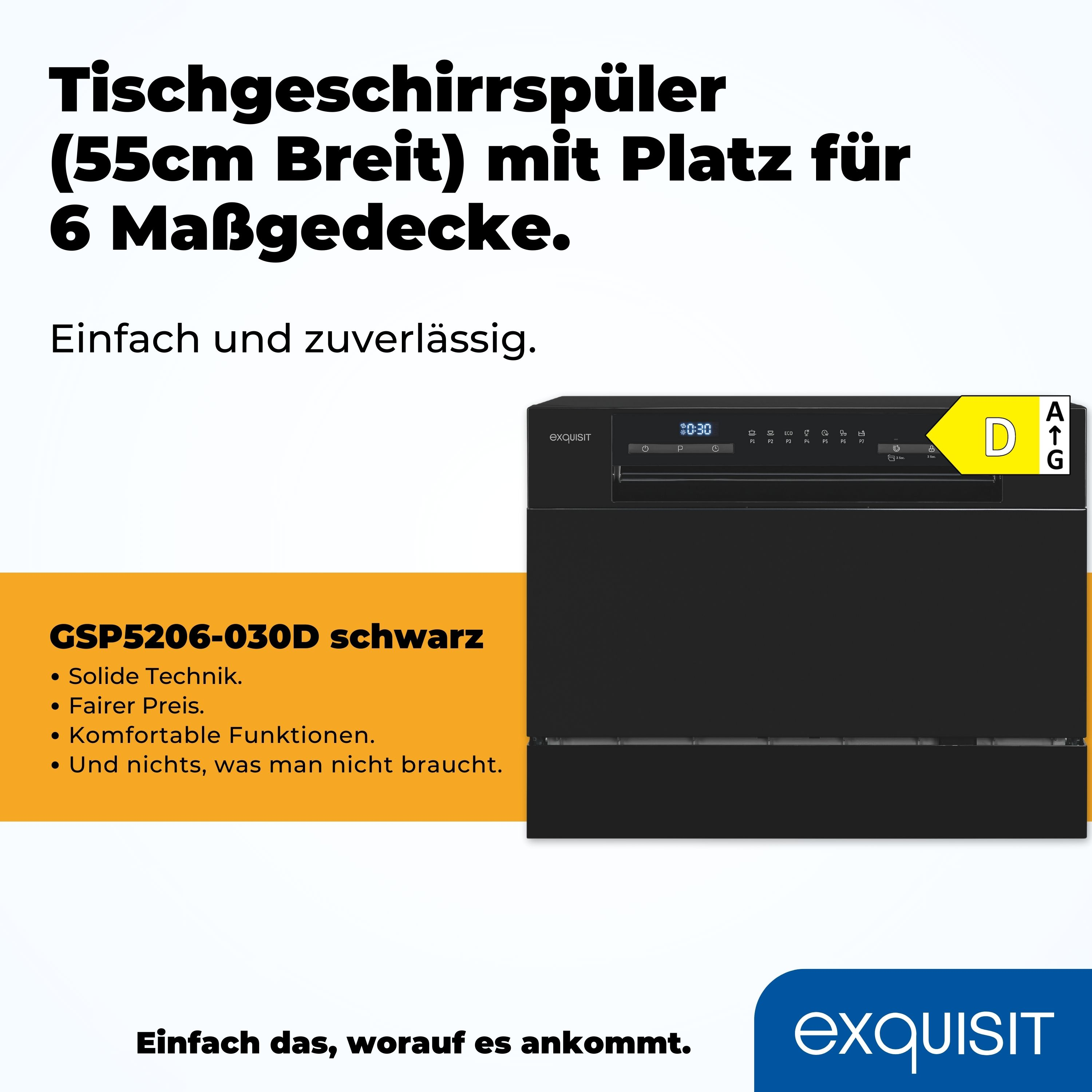 Schwarzer Geschirrspüler mit Bedienfeld und Energieeffizienz-Label.