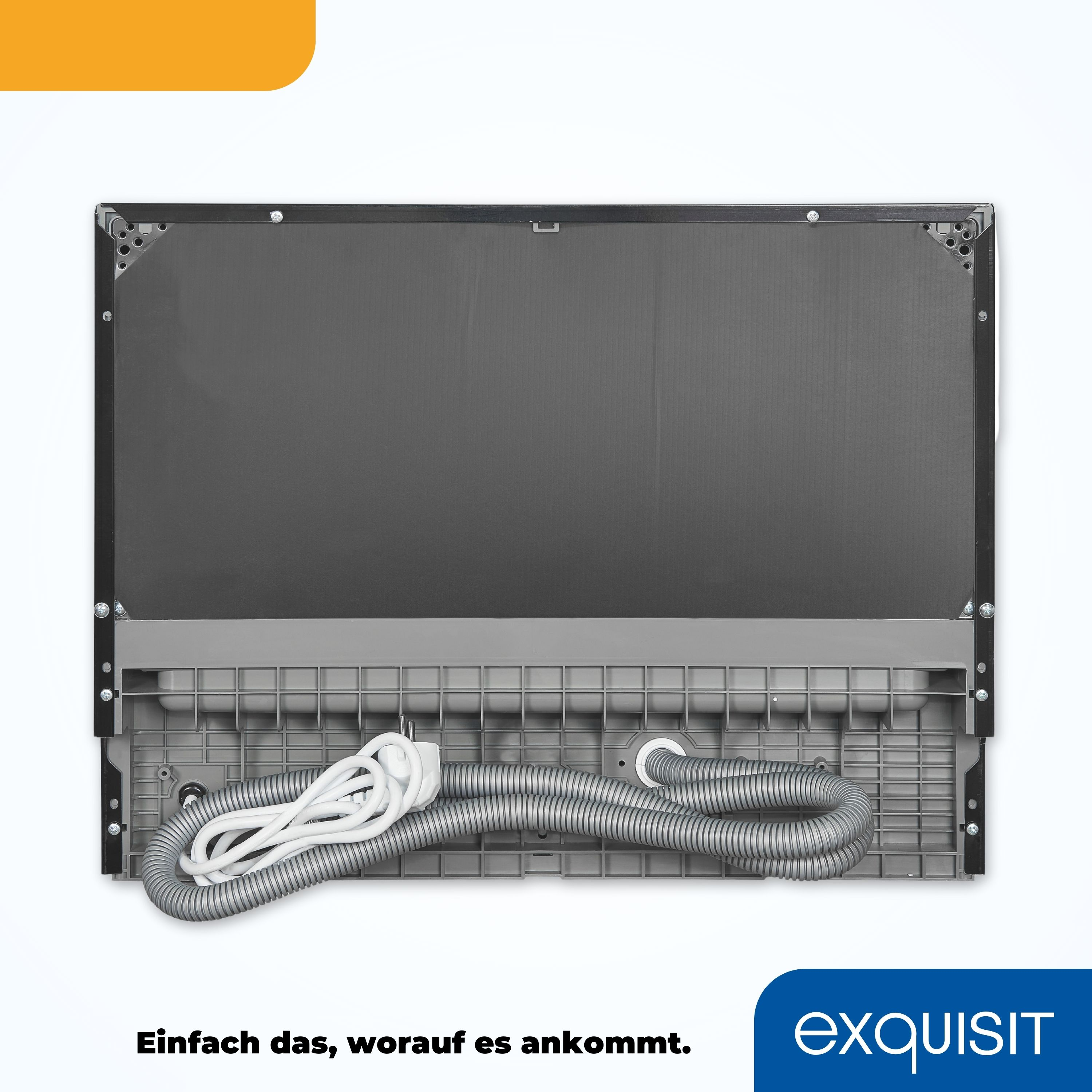 Die Rückseite eines weißen Kühlschranks mit inneren Komponenten und einem Netzkabel.