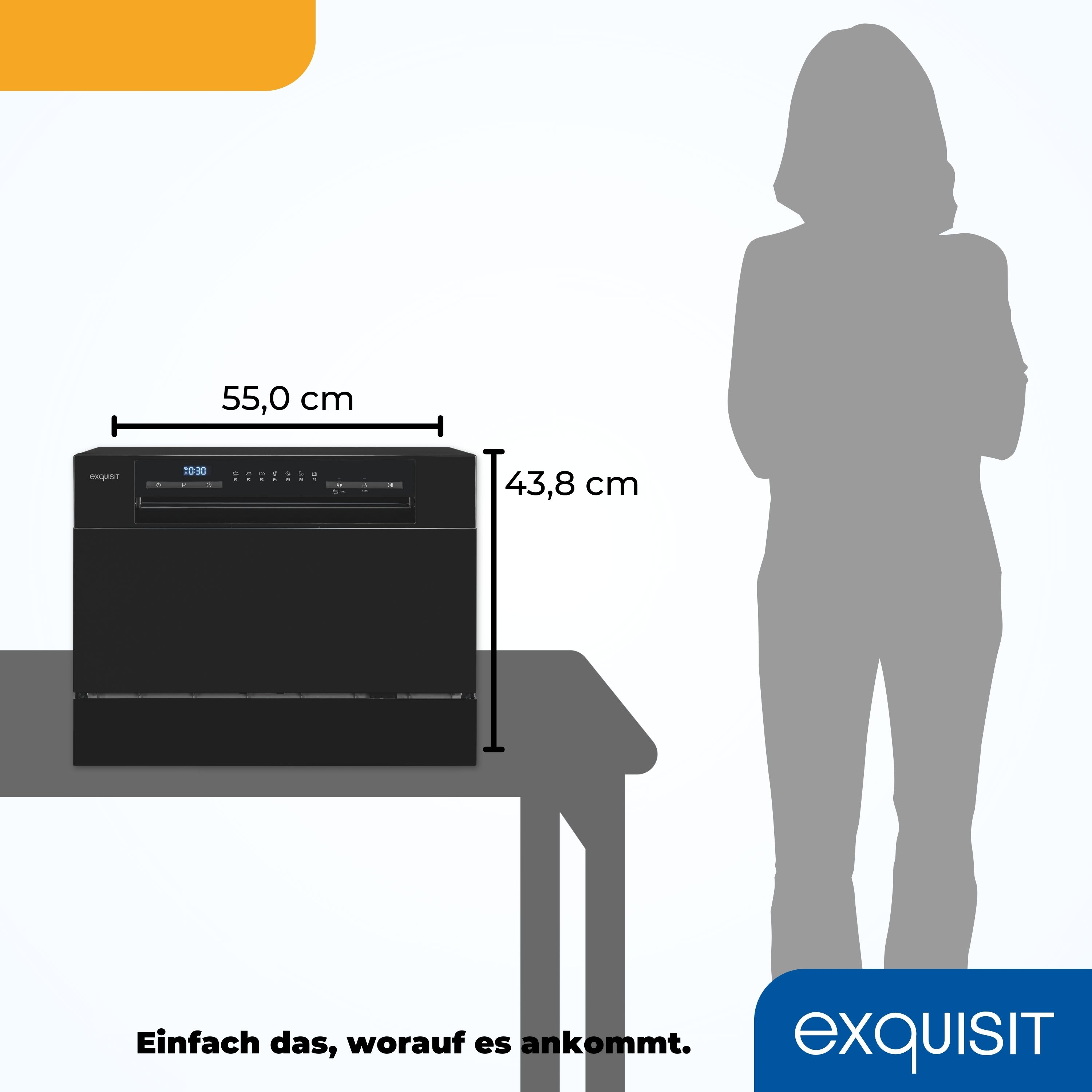 Ein schwarzer Geschirrspüler mit Maßangaben und Personensilhouette.