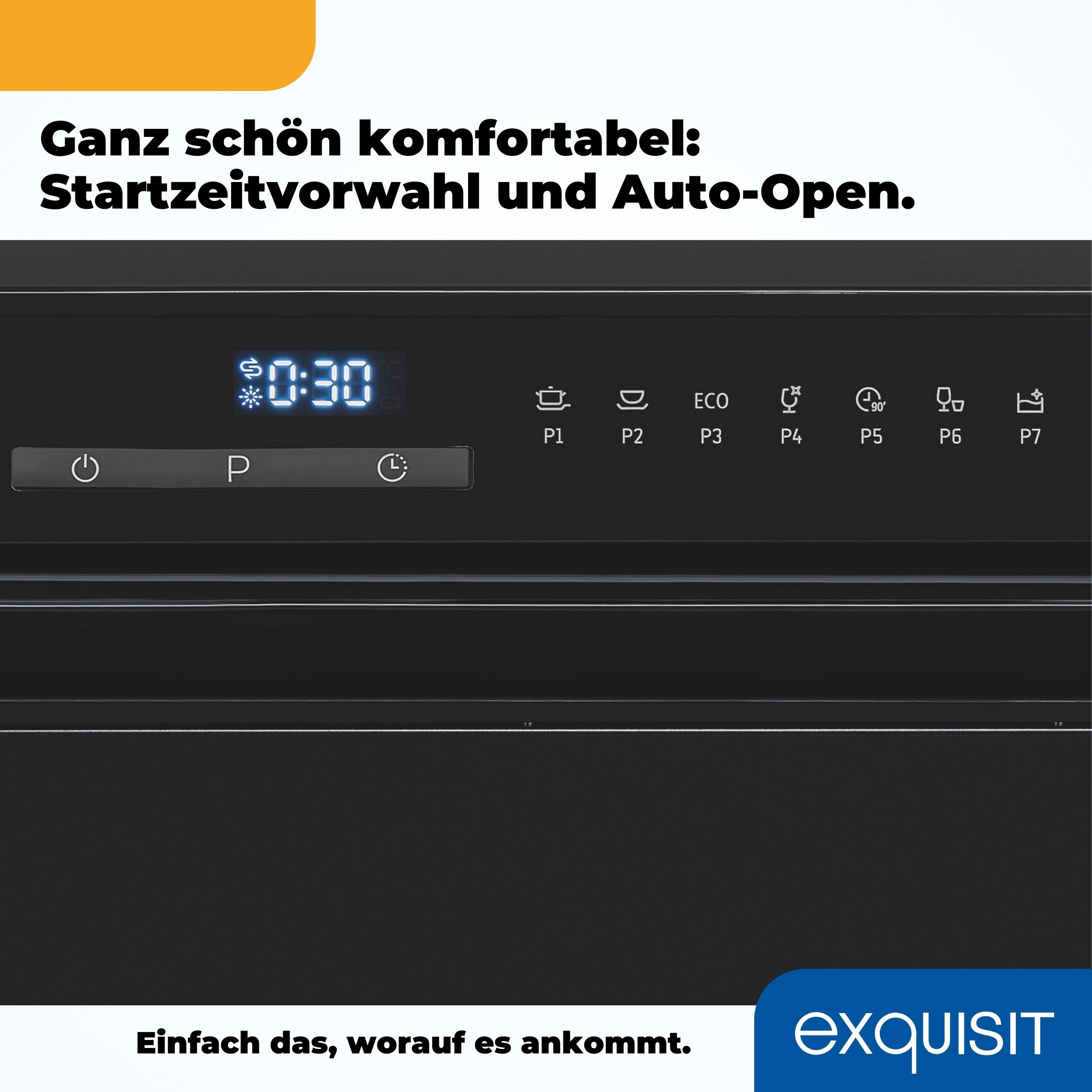 Schwarzes Bedienfeld mit Digitalanzeige, die Zeit und Symbole anzeigt.