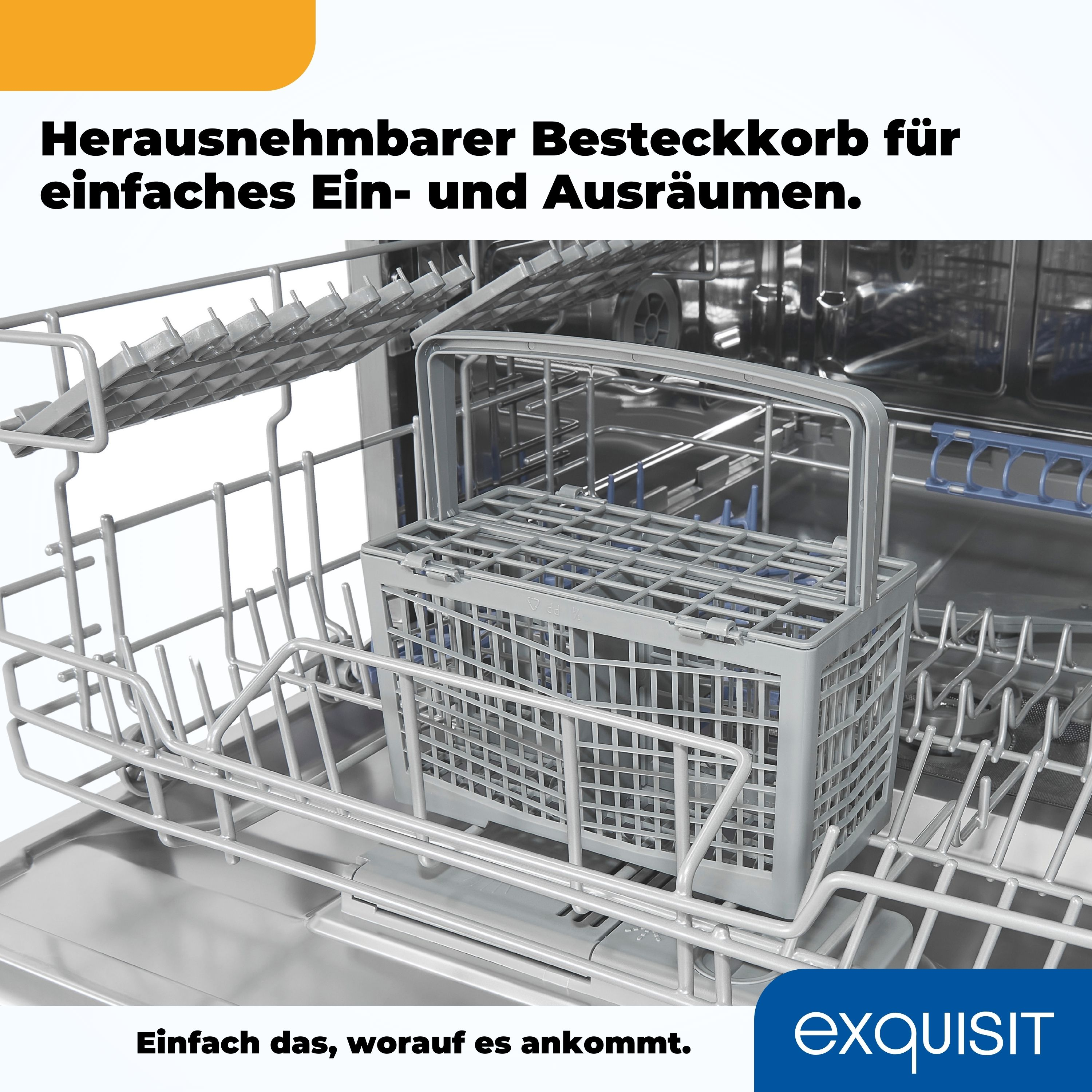 Geschirrspüler-Innenraum mit herausnehmbarem Besteckkorb. Grauer Korb in einem silbernen Geschirrspüler.