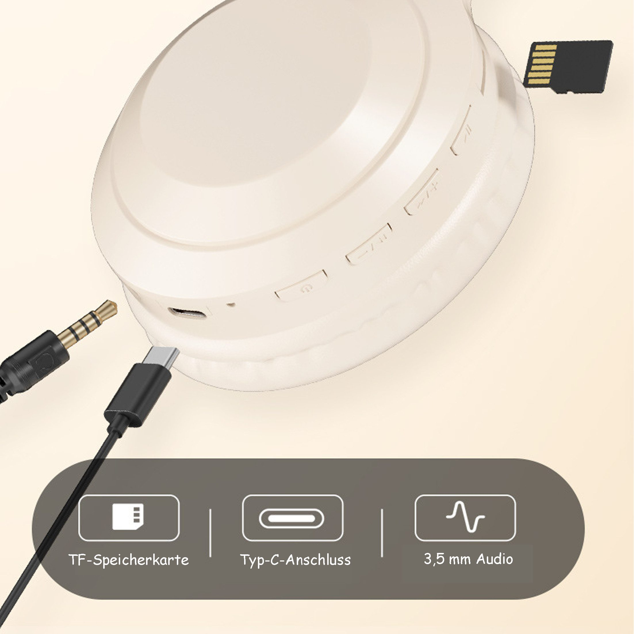 Weiße Kopfhörer mit schwarzen Kabeln, einem USB-C-Anschluss und einem TF-Kartensteckplatz.