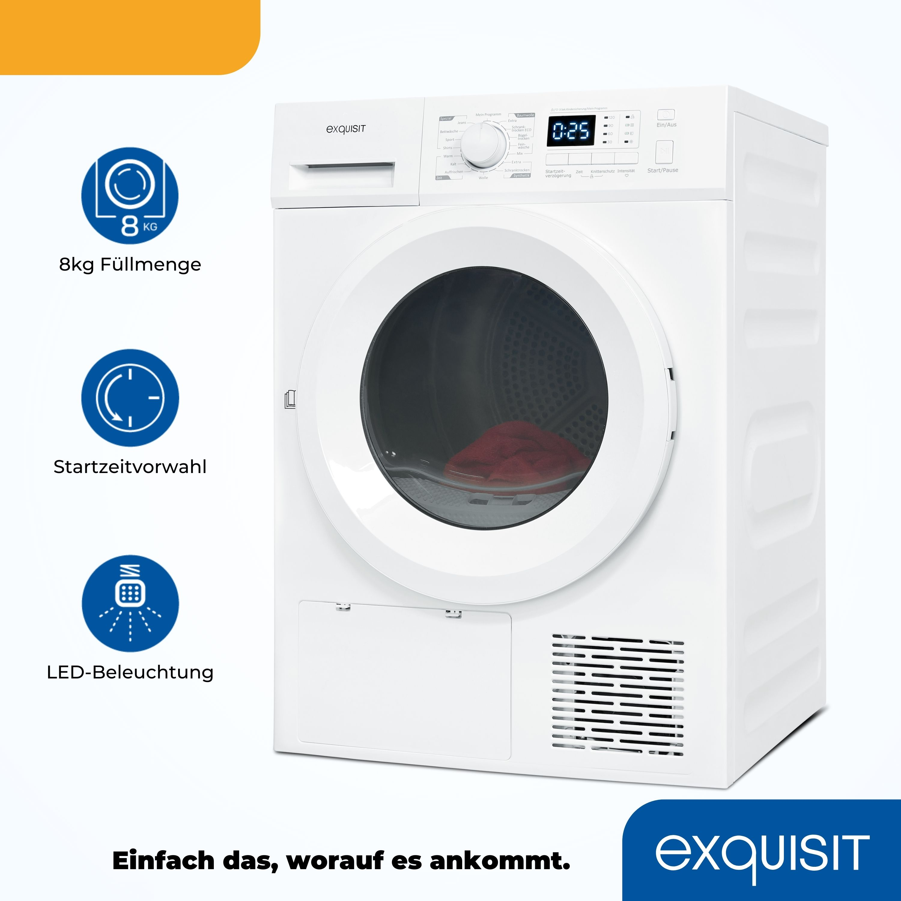 Eine weiße Waschmaschine mit einer Anzeige, die 0:25 zeigt. Es gibt Symbole für 8 kg, Startverzögerung und LED-Beleuchtung.