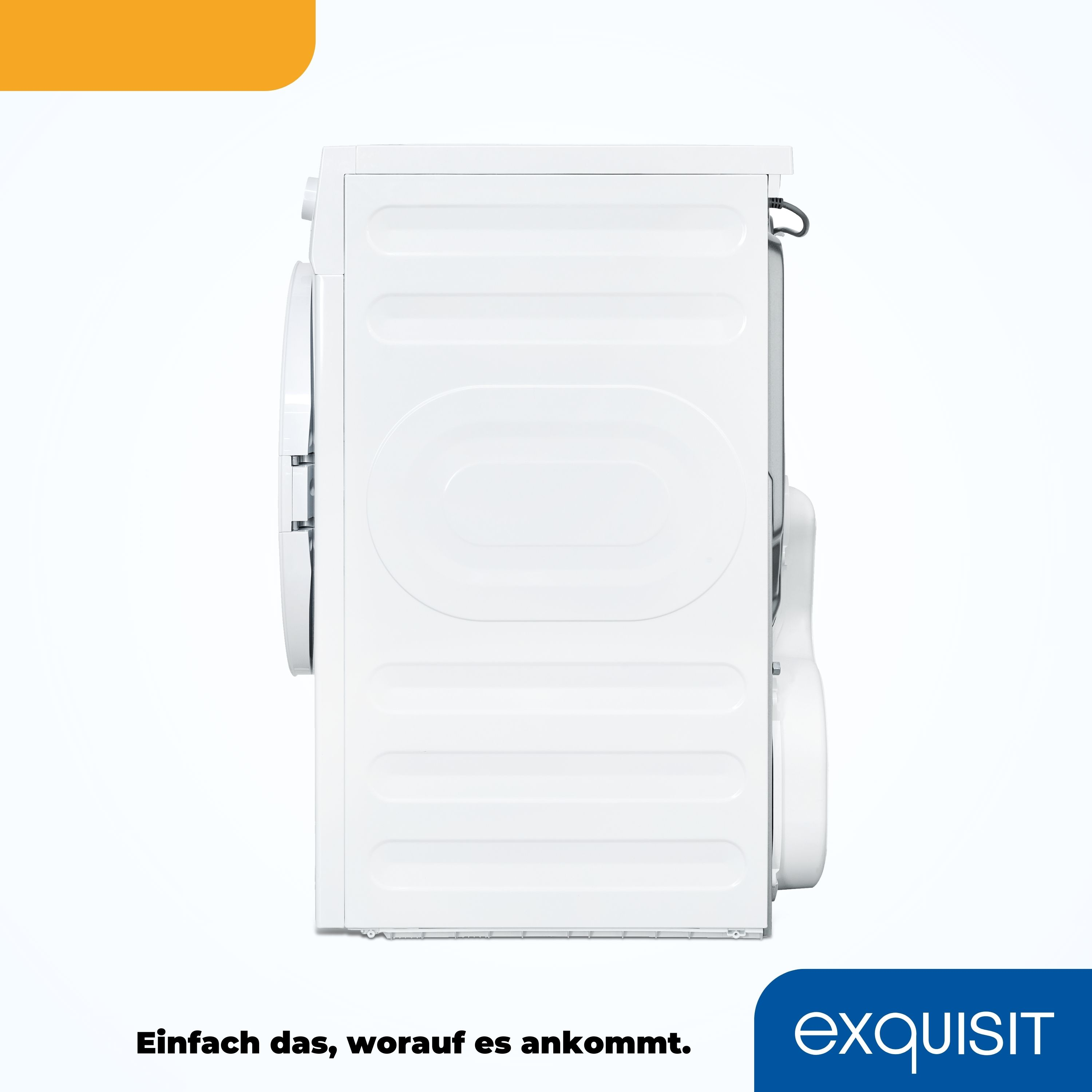 Weiße Waschmaschine mit Text unten und einem orangefarbenen Balken.