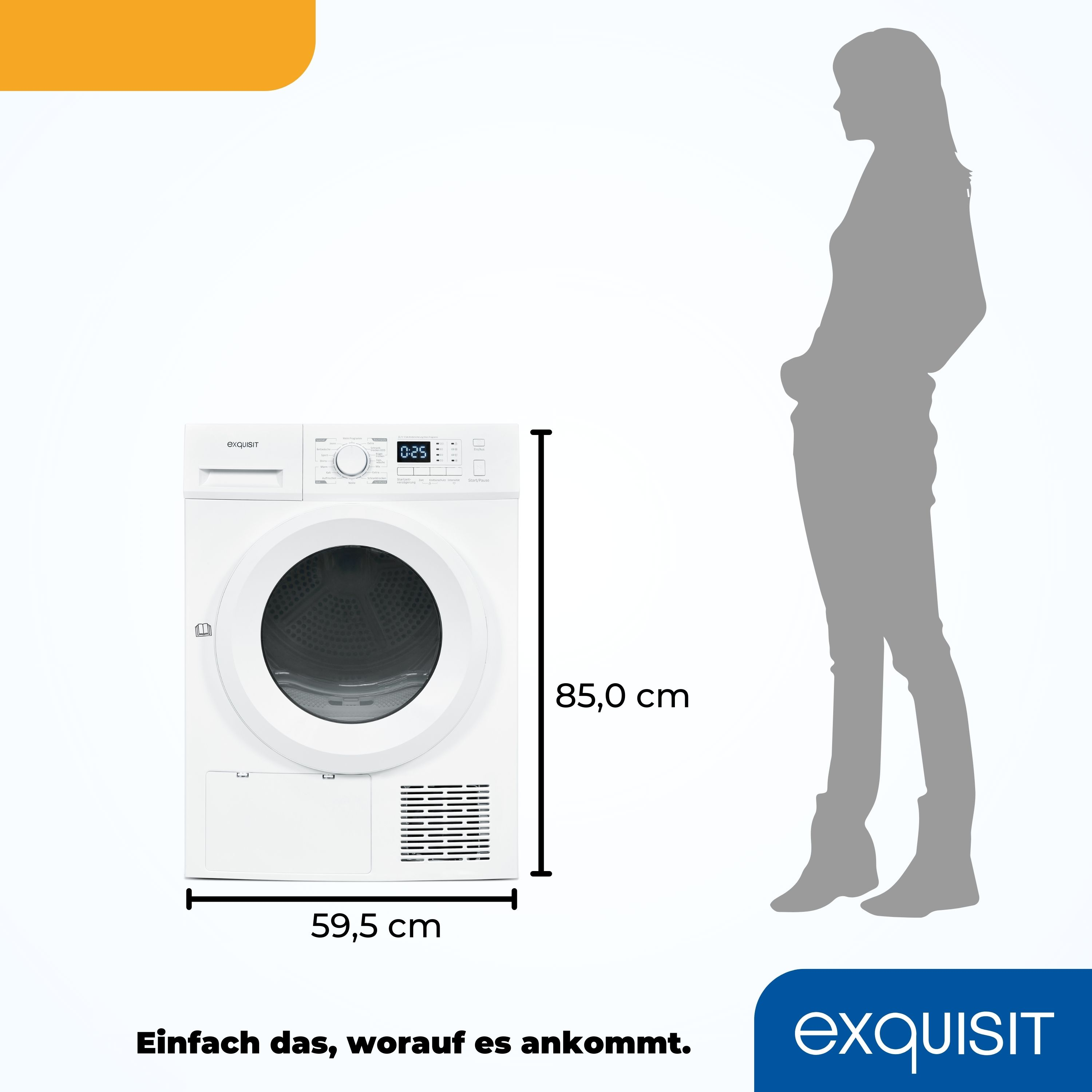 Ein weißer Trockner mit den Maßen 59,5 cm x 85,0 cm und eine Personensilhouette daneben.