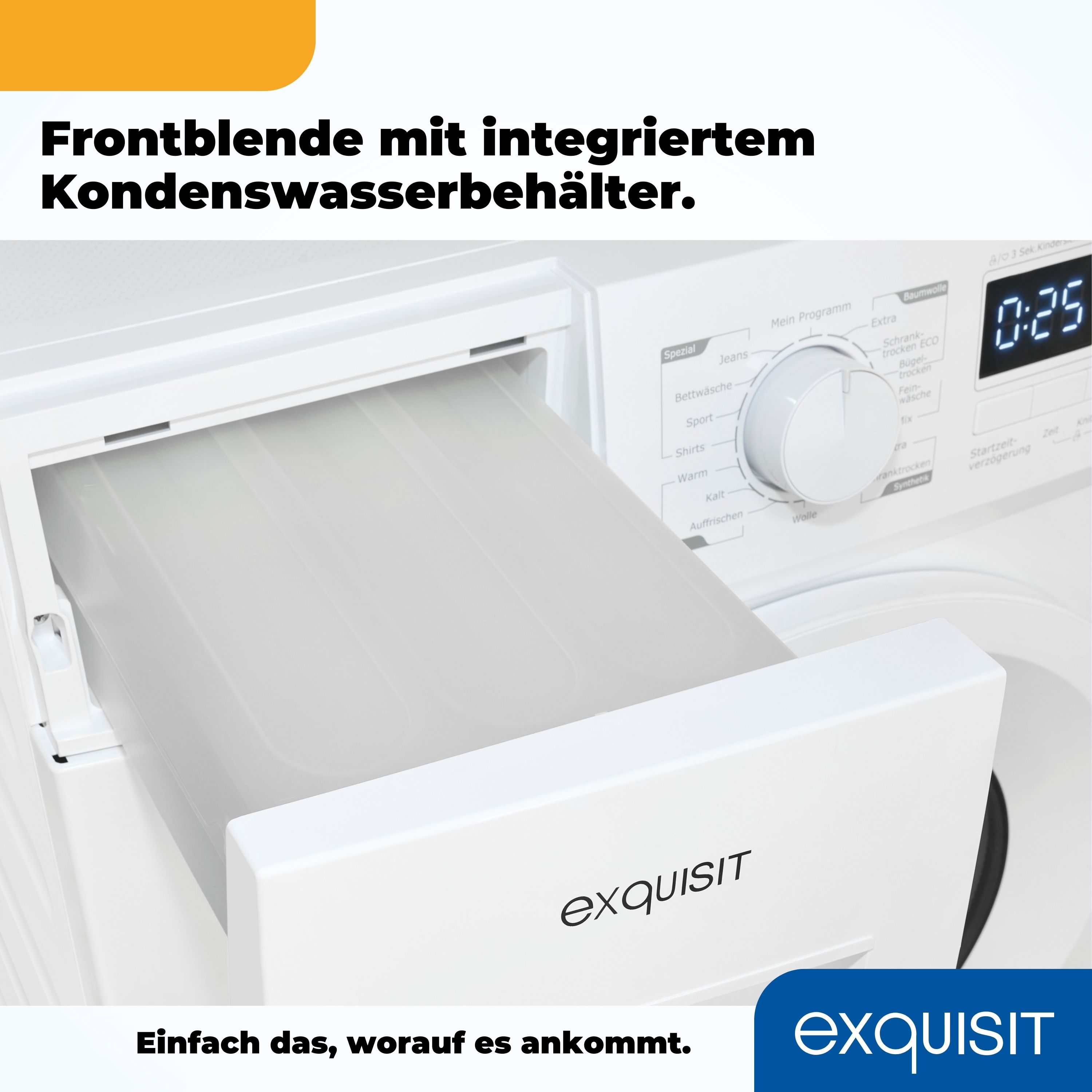 Eine Waschmaschinen-Schublade ist herausgezogen. Sie zeigt ein Fach. Text ist über der Schublade sichtbar.