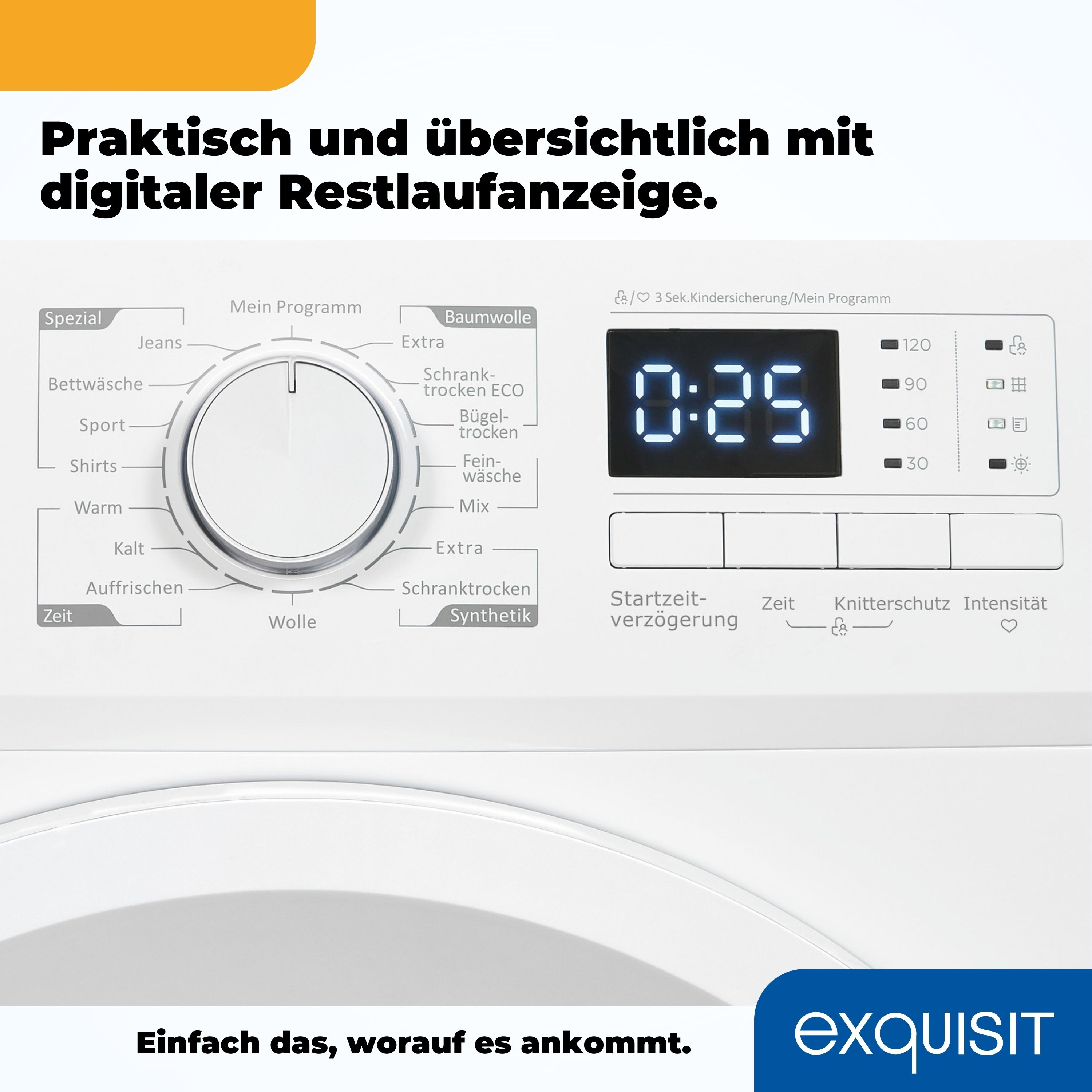 Ein Waschmaschinen-Bedienfeld mit Drehregler und Anzeige für Zeit und Einstellungen. Text auf Deutsch.