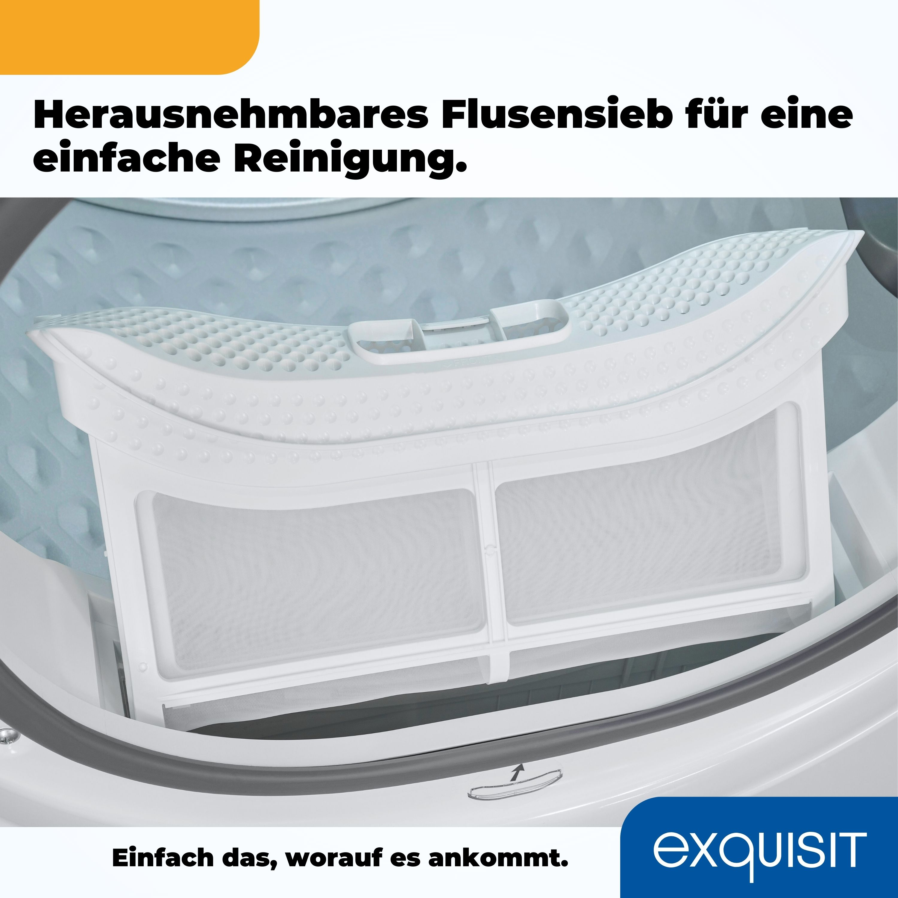 Nahaufnahme eines weißen Trockner-Flusensiebs. Der Filter ist im Trockner positioniert.