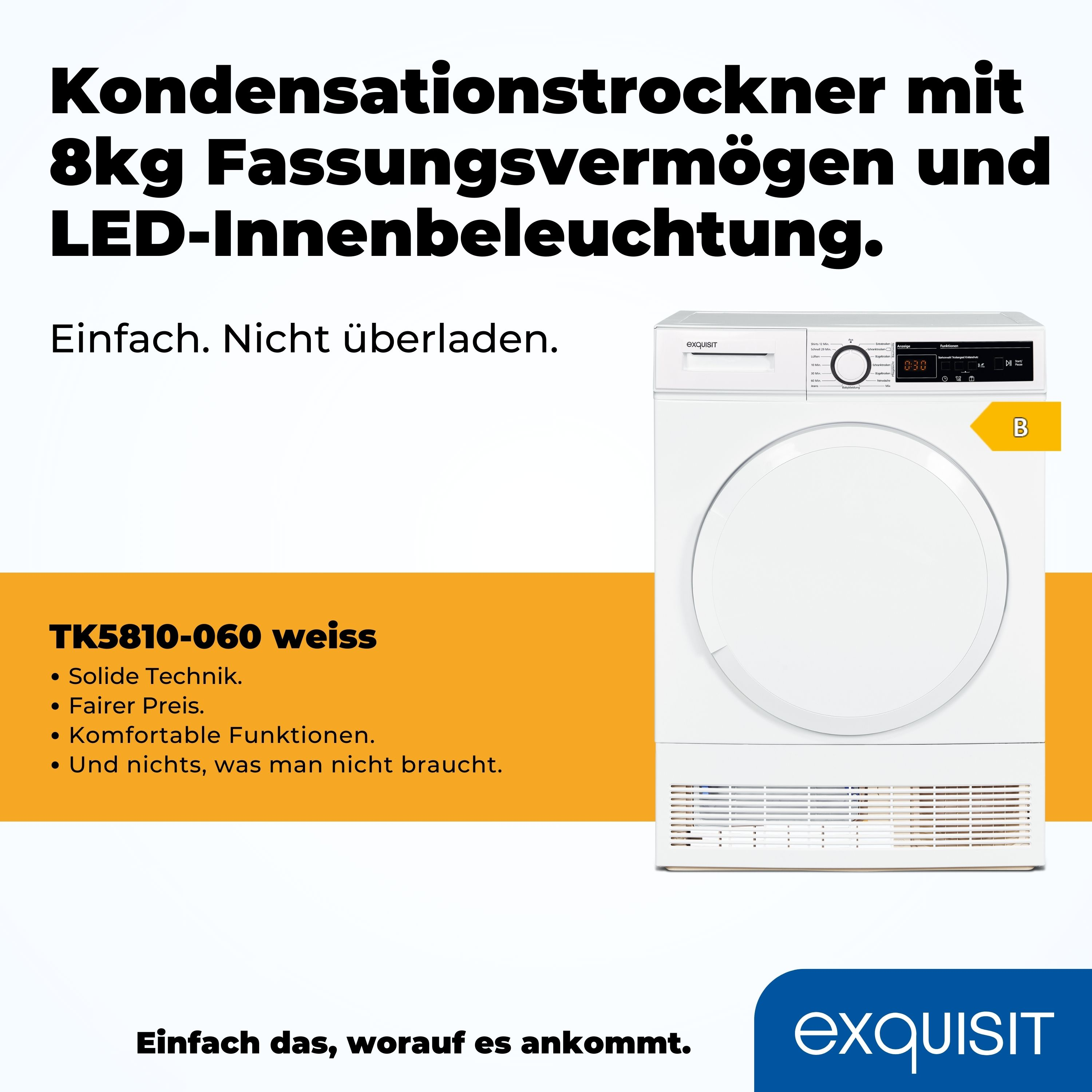 Weißer Trockner auf gelb-weißem Hintergrund. Deutscher Text beschreibt das Produkt.