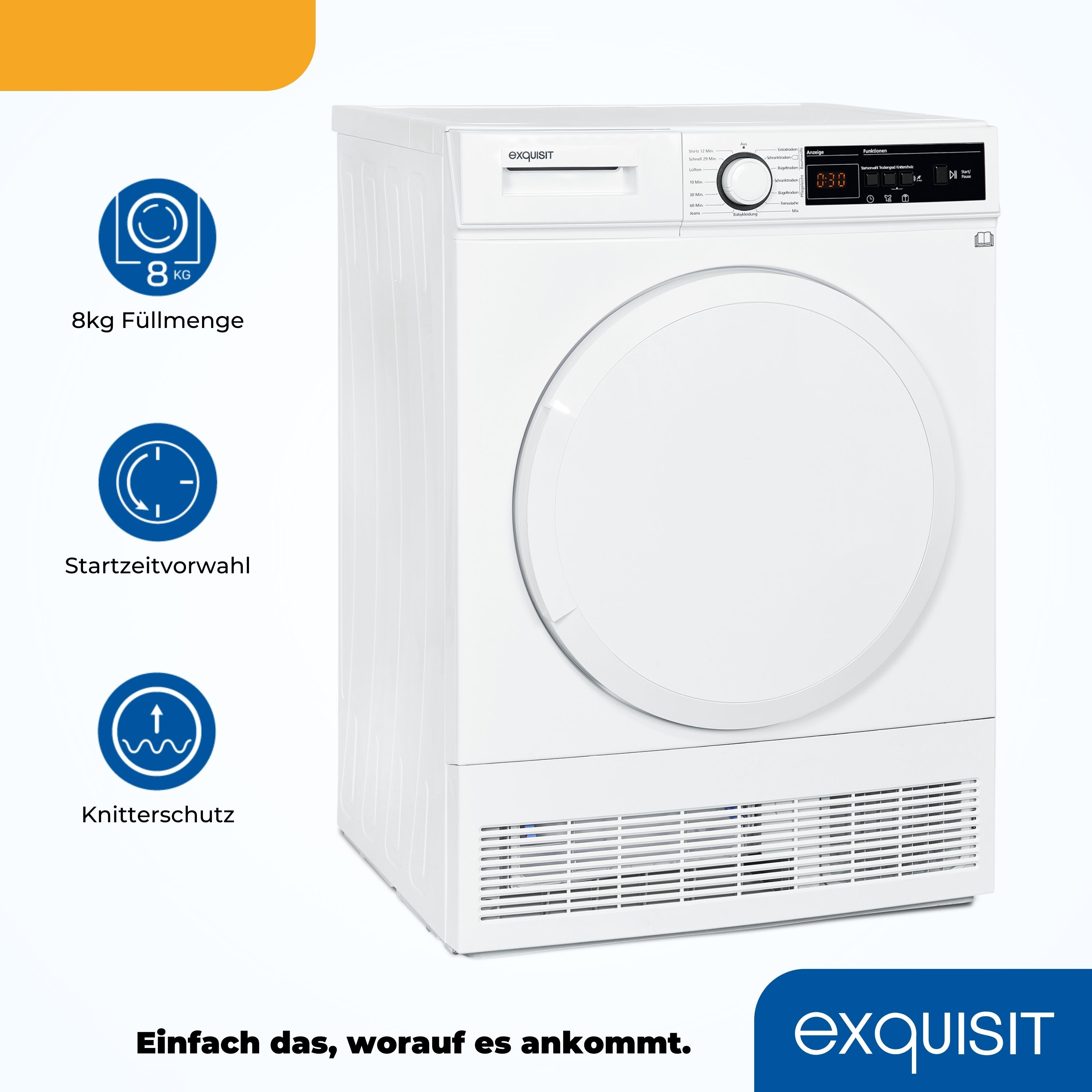Weißer Trockner mit Symbolen für 8kg Kapazität, Startzeitvorwahl und Knitterschutz, sowie Logo.