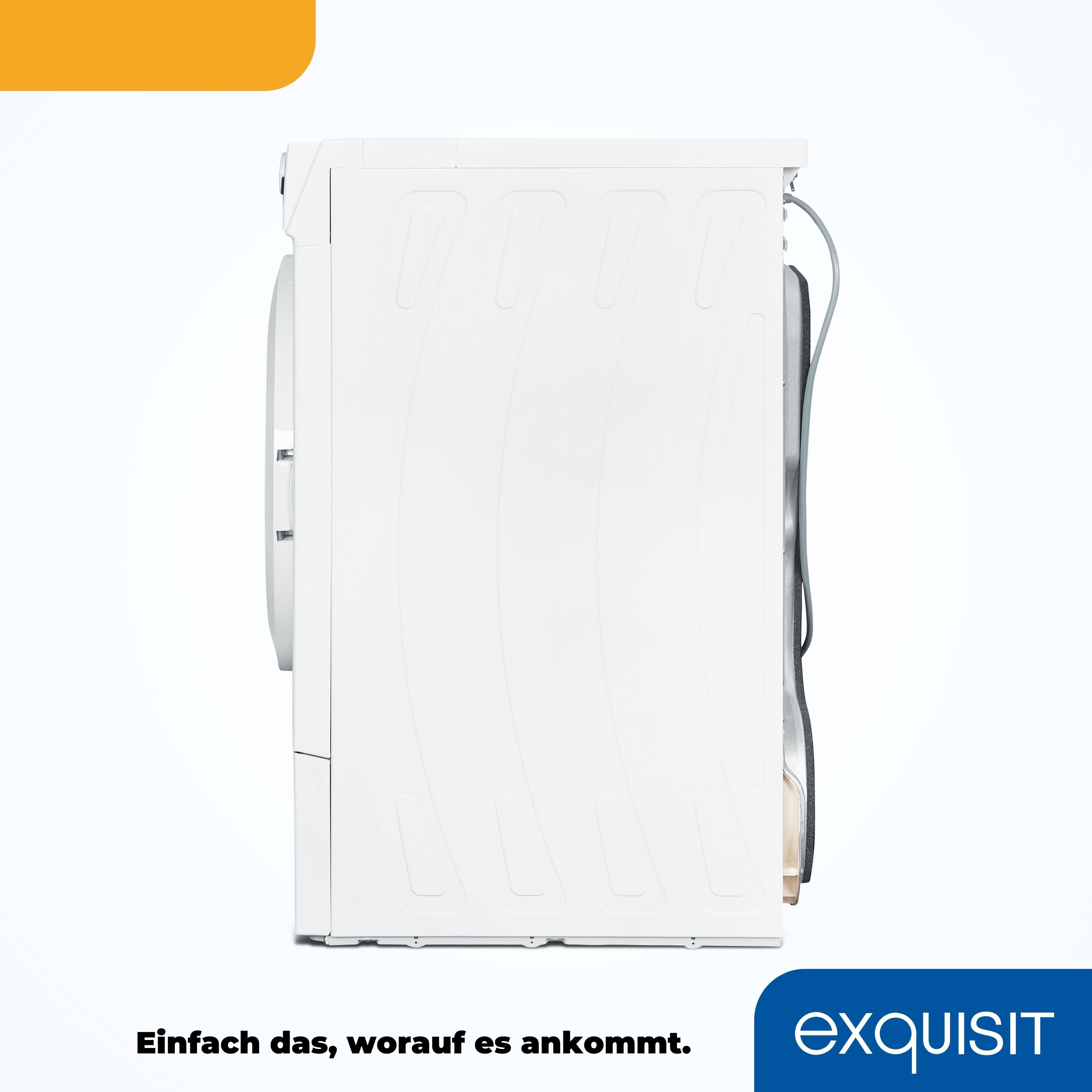 Weiße Waschmaschine Seitenansicht mit Text unten auf Englisch, schlichtes Design.