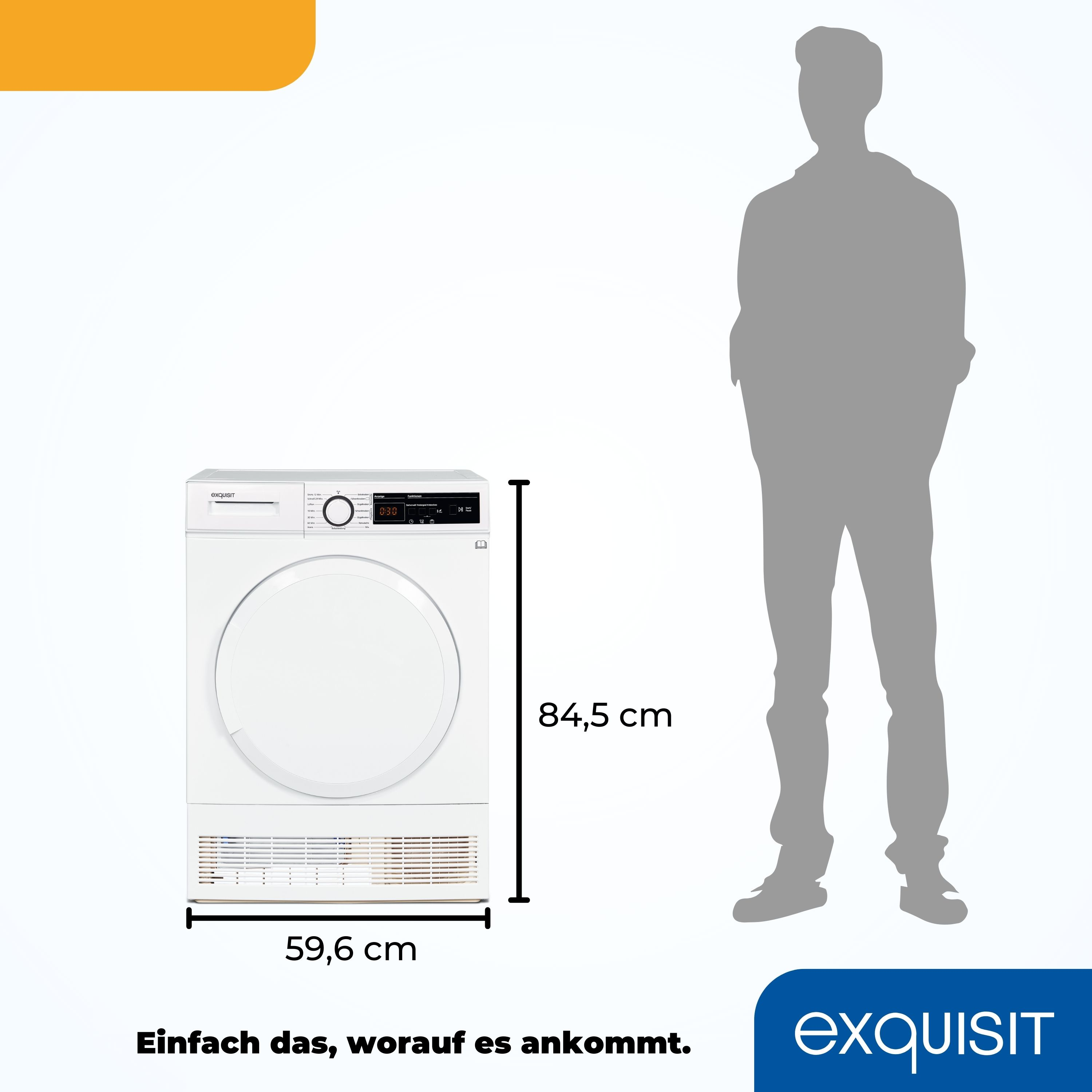 Weißer Trockner mit Maßen und grauer Silhouette einer Person daneben.