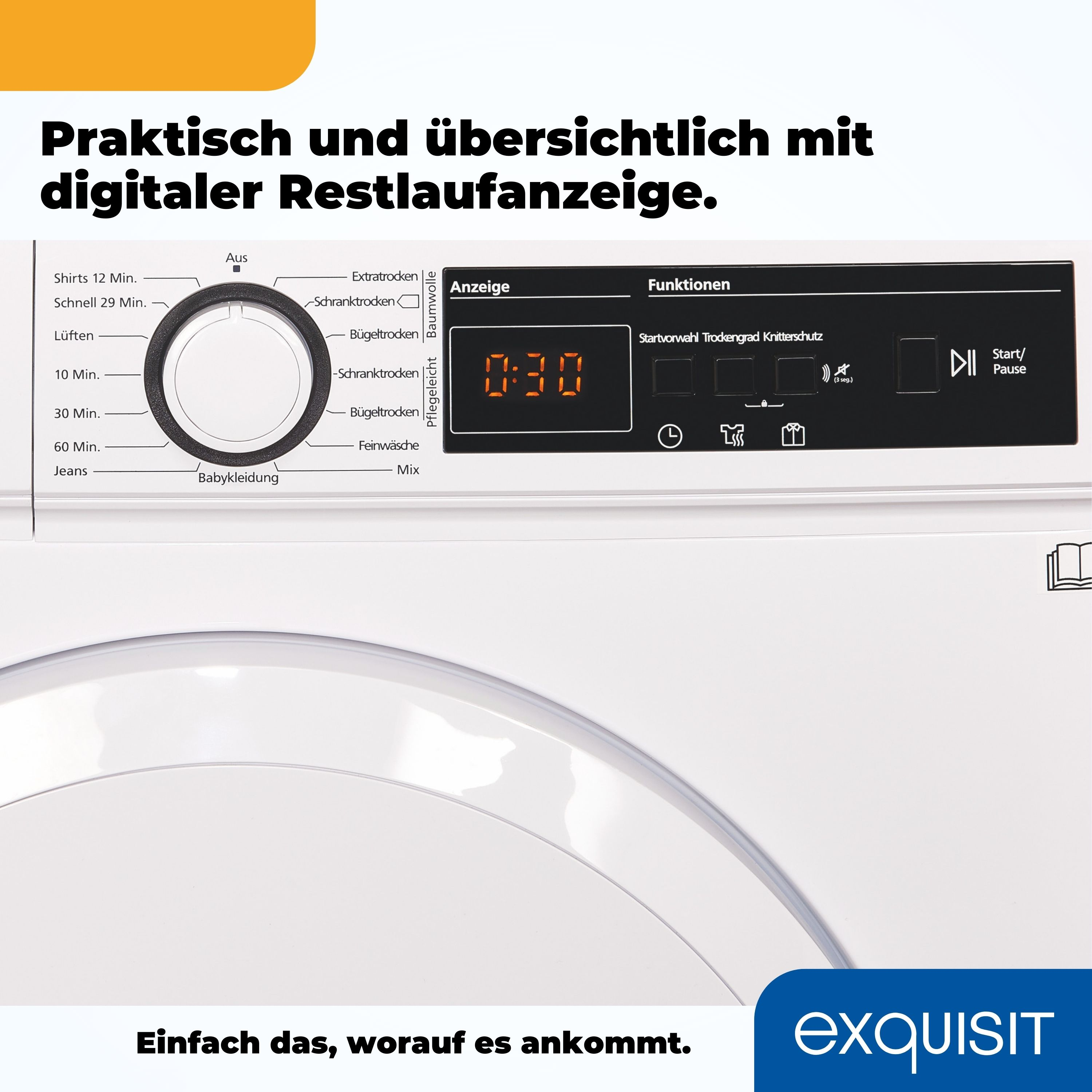 Waschmaschinen-Bedienfeld mit Drehknopf und Digitalanzeige. Text: 'digitale Restlaufanzeige'.