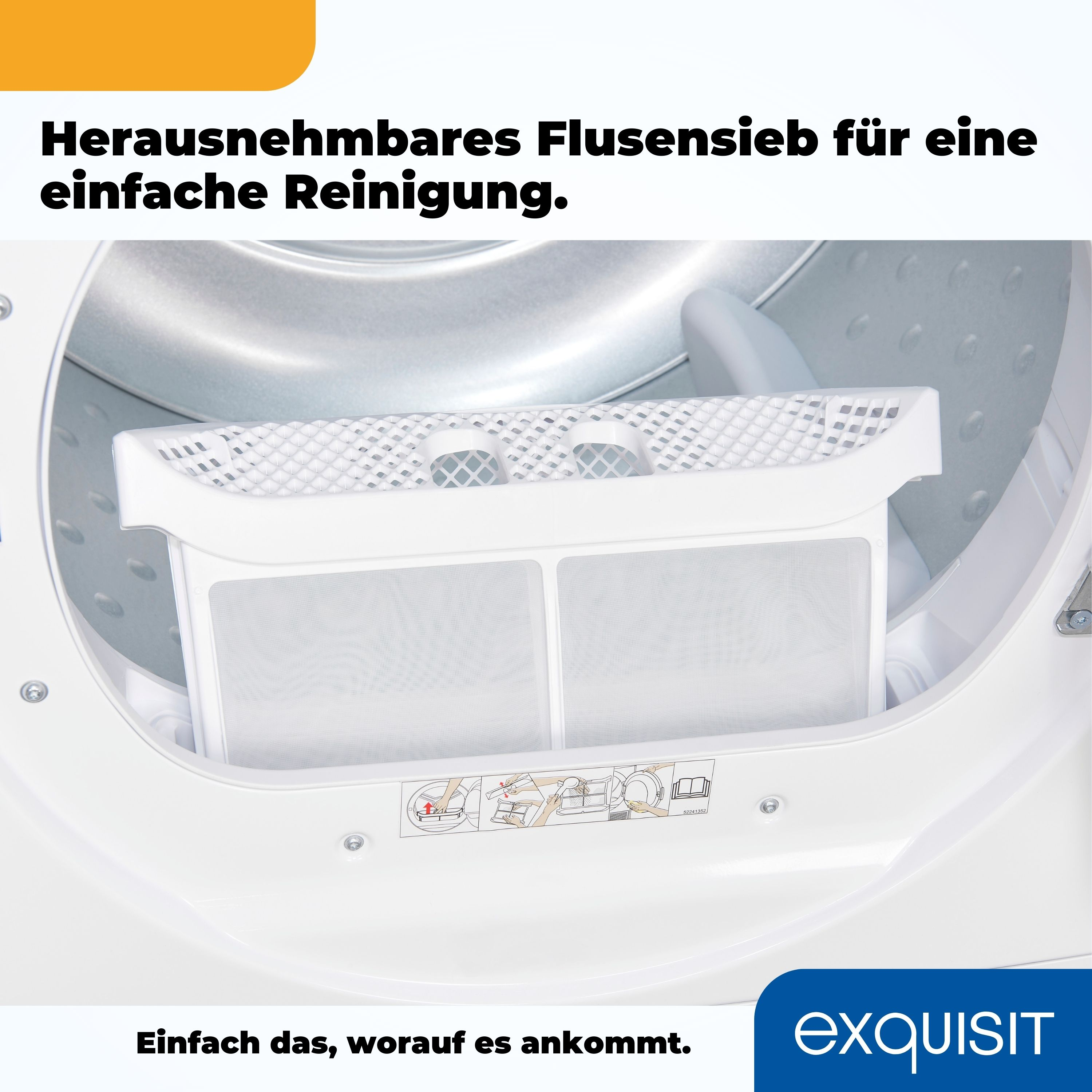Ein weißer Trocknerfilter wird gezeigt. Der Filter befindet sich in einem weißen Trockner. Text sichtbar.