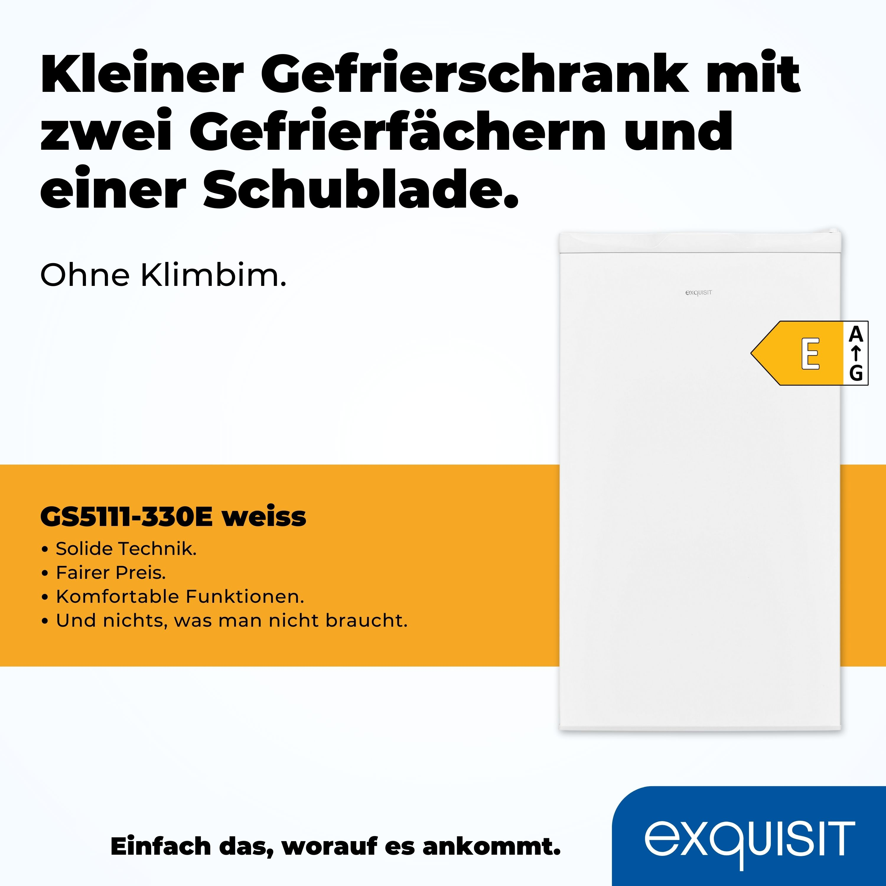 Weißer Kühlschrank mit zwei Gefrierfächern und einer Schublade. Gelber Energieaufkleber rechts.