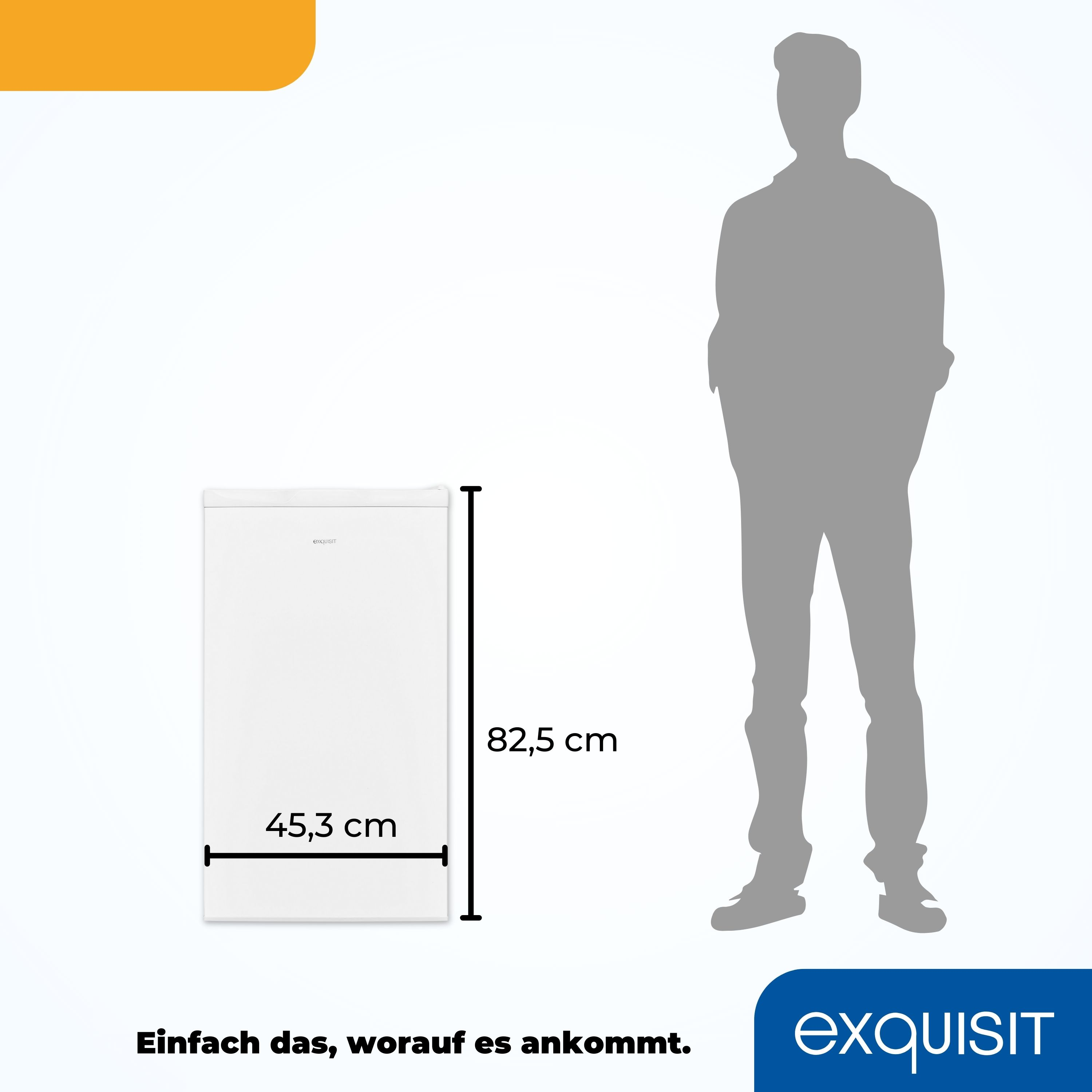 Ein weißer Kühlschrank mit Maßen neben einer grauen Silhouette eines Mannes.