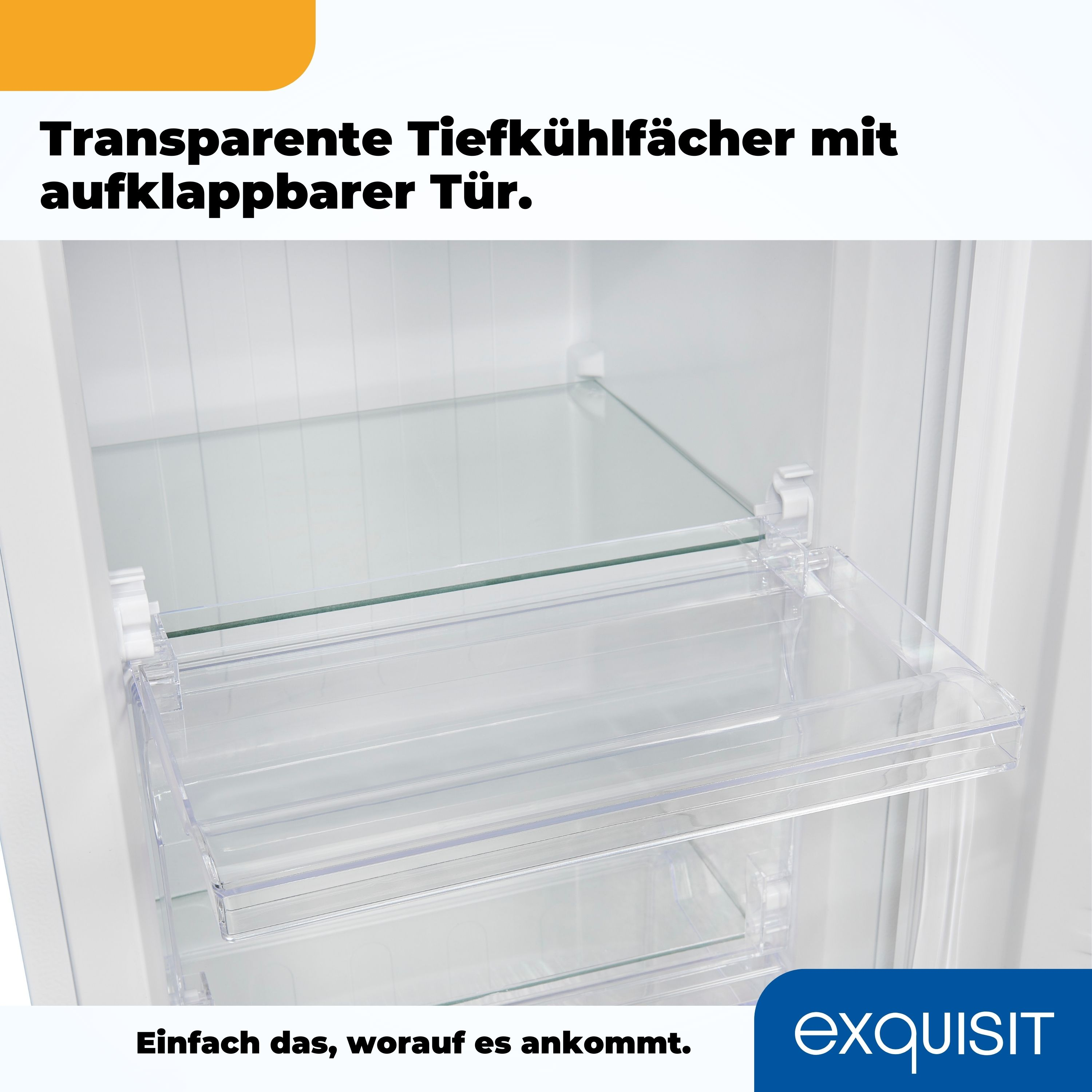 Kühlschrankinnenraum mit transparenten Kunststoffregalen, Schubladen.