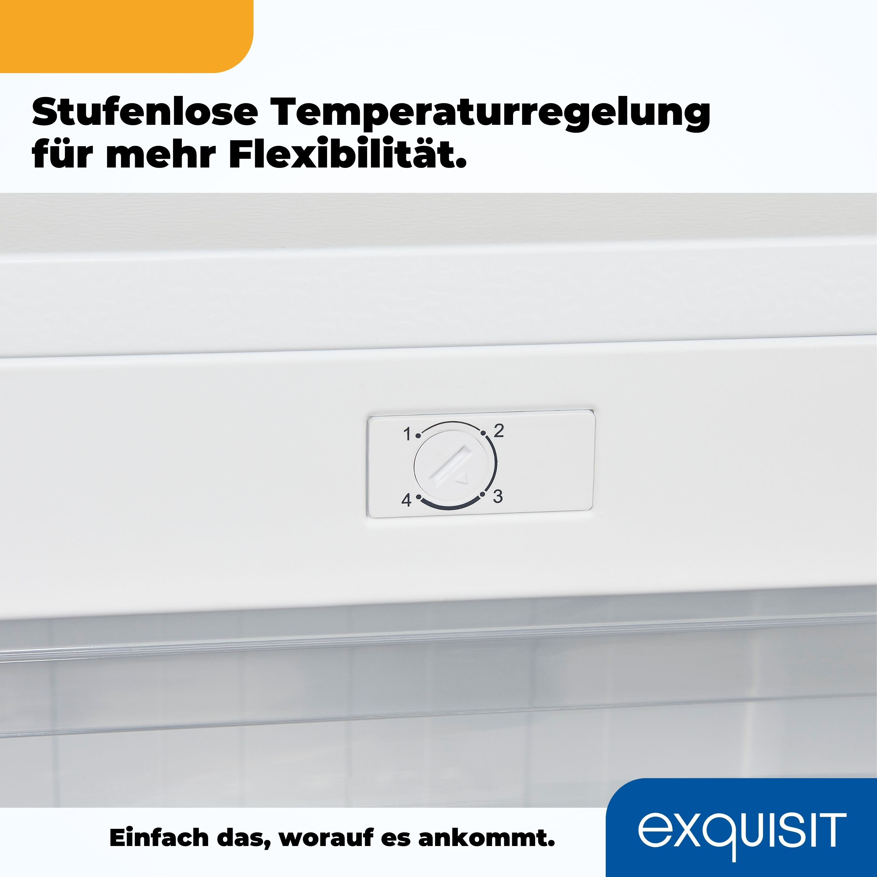 Weißes Gefrierschrank-Bedienfeld mit Drehregler 1-4 und Text darüber.