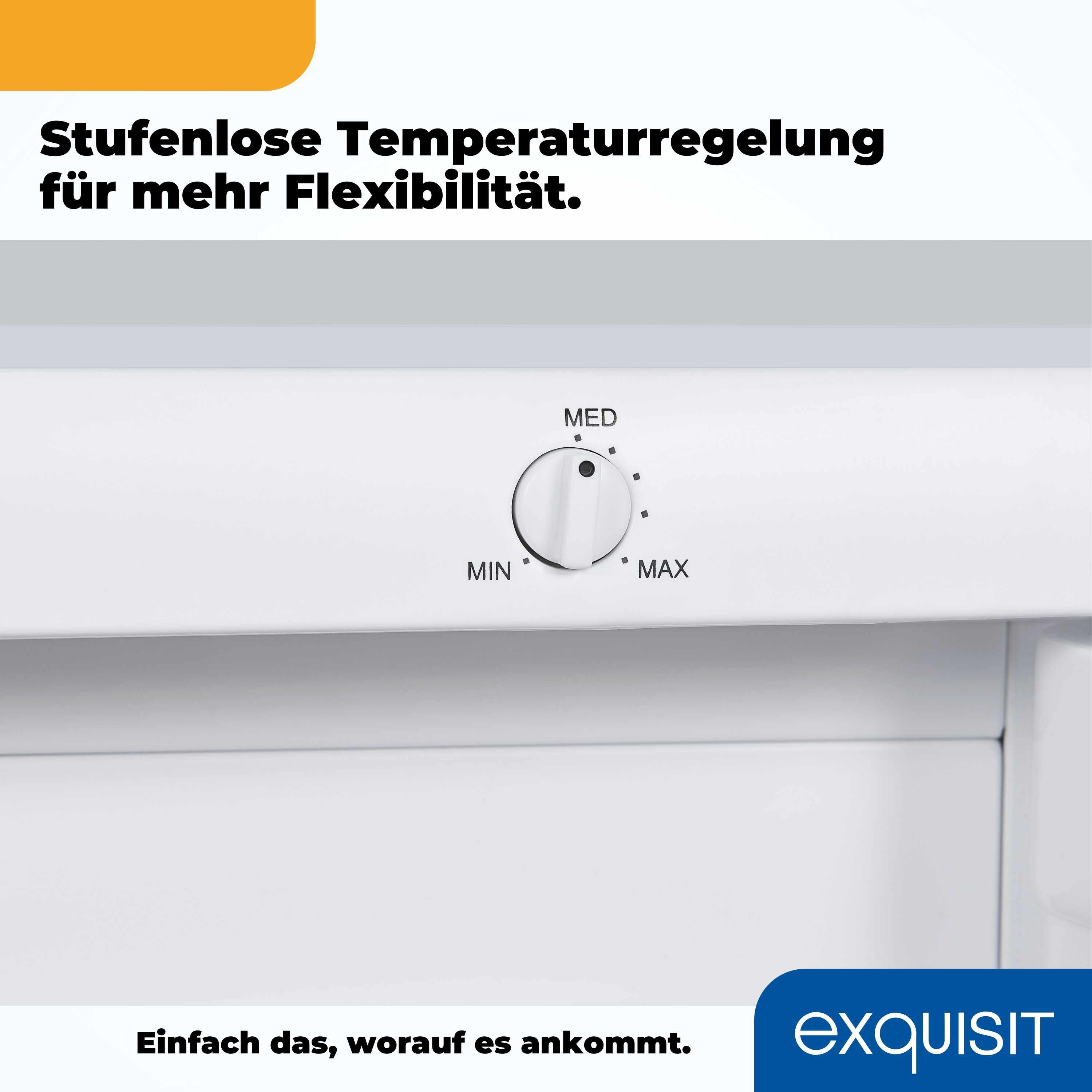 Nahaufnahme eines weißen Kühlschrank-Reglers mit 'Min' und 'Max' Beschriftungen. Text: 'exquisit'.