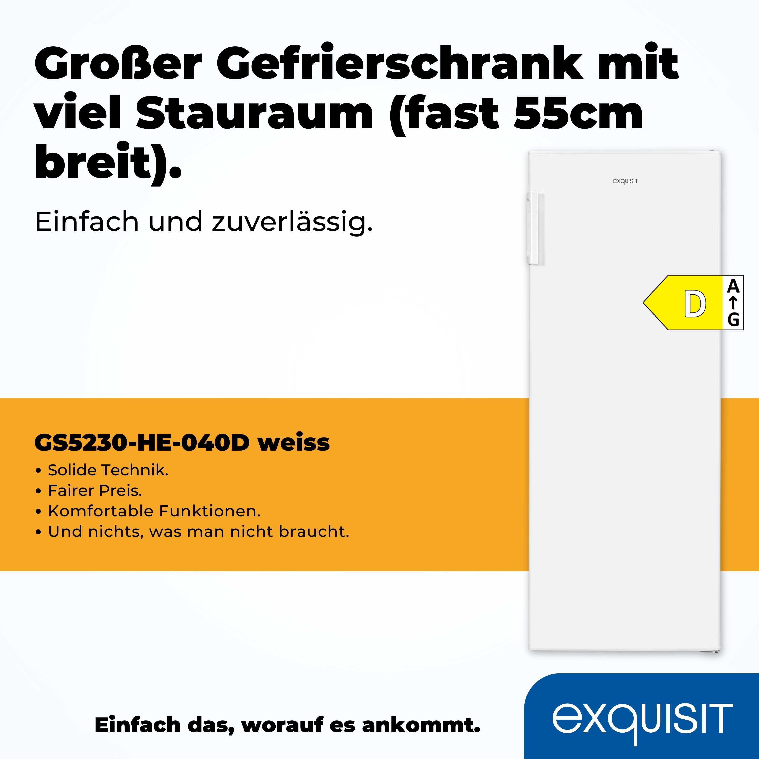 Weißer Kühlschrank mit Text über Stauraum und Informationen zur Energieeffizienz.