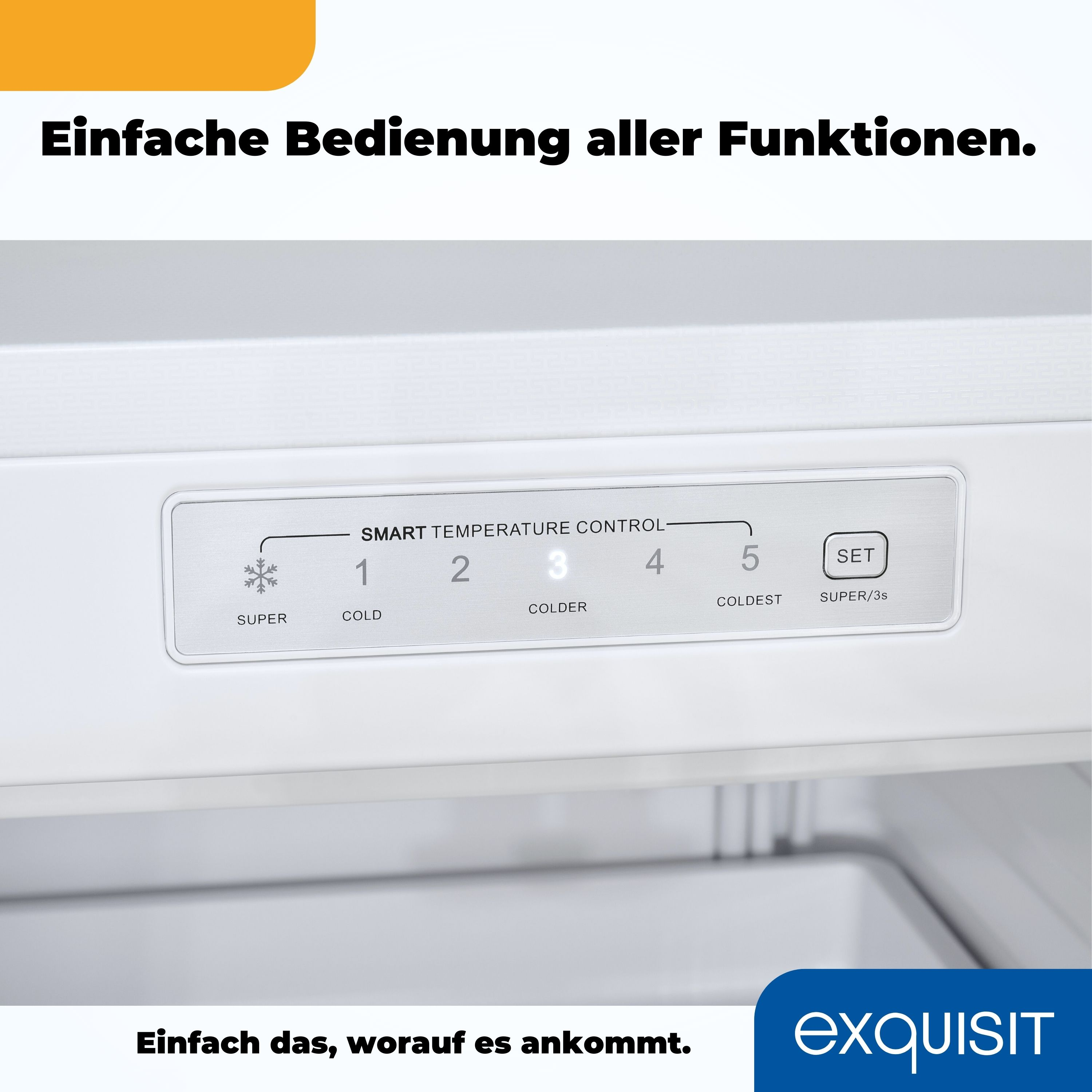Kühlschrank-Bedienfeld mit Temperatureinstellungen. Die Einstellungen reichen von 1 (kalt) bis 5 (am kältesten) und haben eine Super-Einstellung.