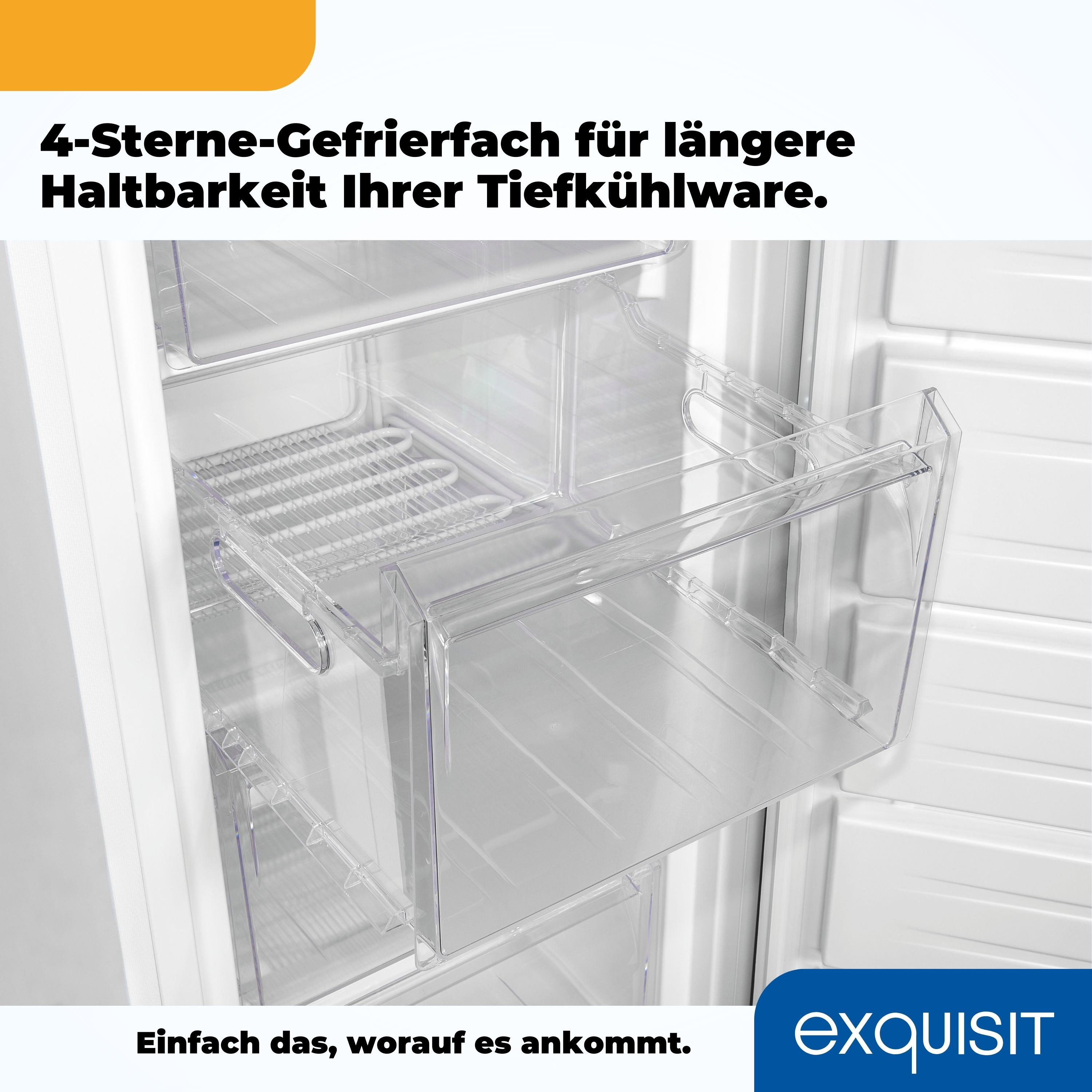 Nahaufnahme des Kühlschrankinneren mit einer transparenten Schublade und einem Metallgestell. Text sichtbar.