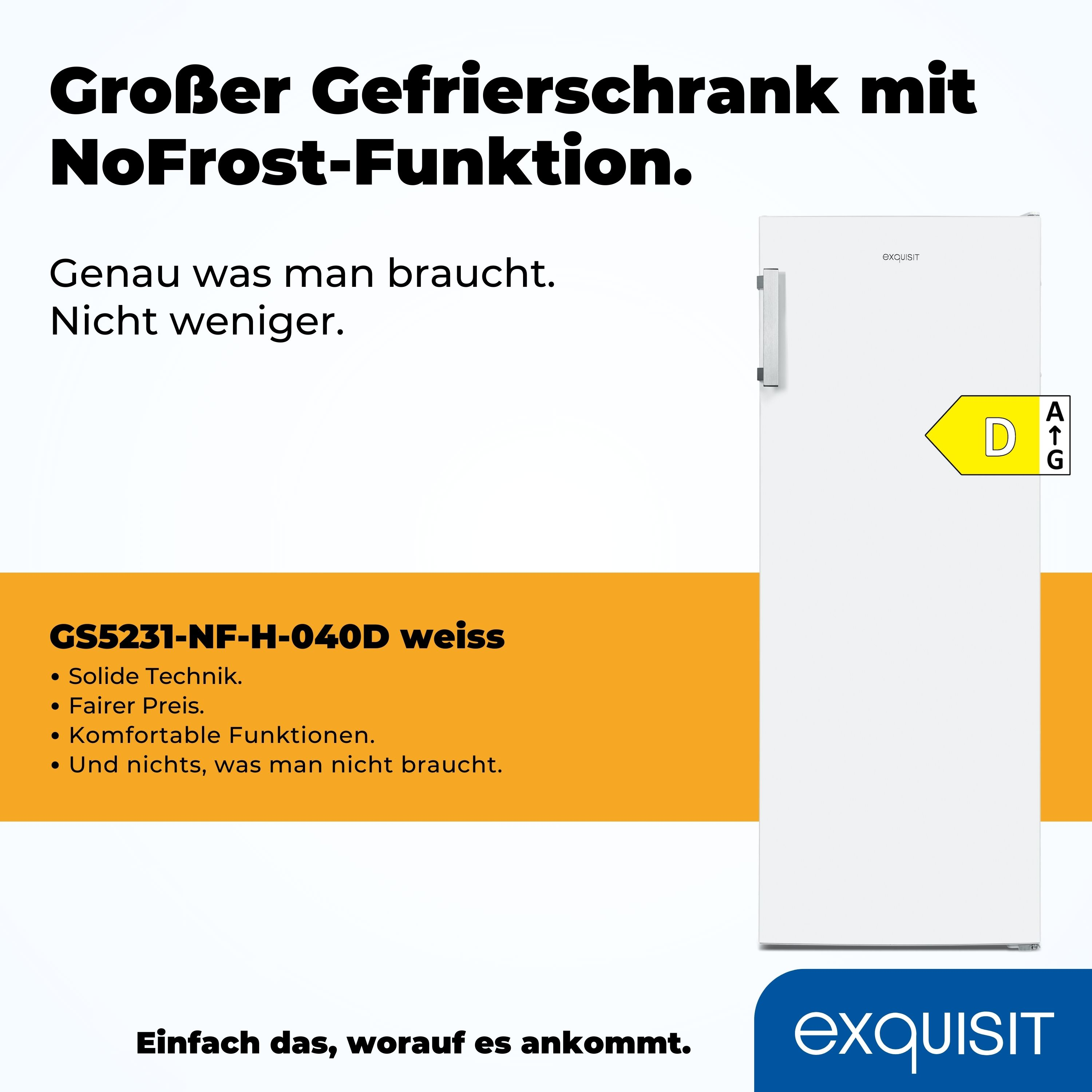 Weißer Kühlschrank mit D-Energielabel. Text: 'Großer Gefrierschrank mit NoFrost-Funktion.' Markenlogo: Exquisit.