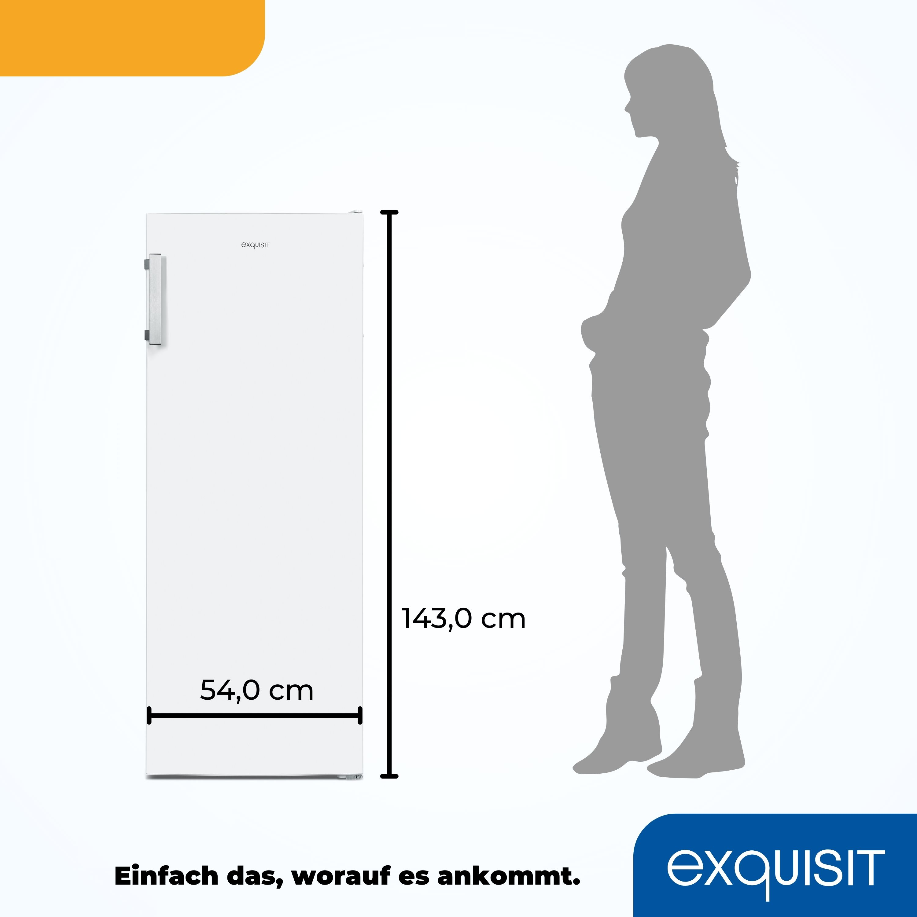 Weißer Kühlschrank mit Maßen, neben einer Person. Text: Exquisit. Schlichtes, elegantes Design.