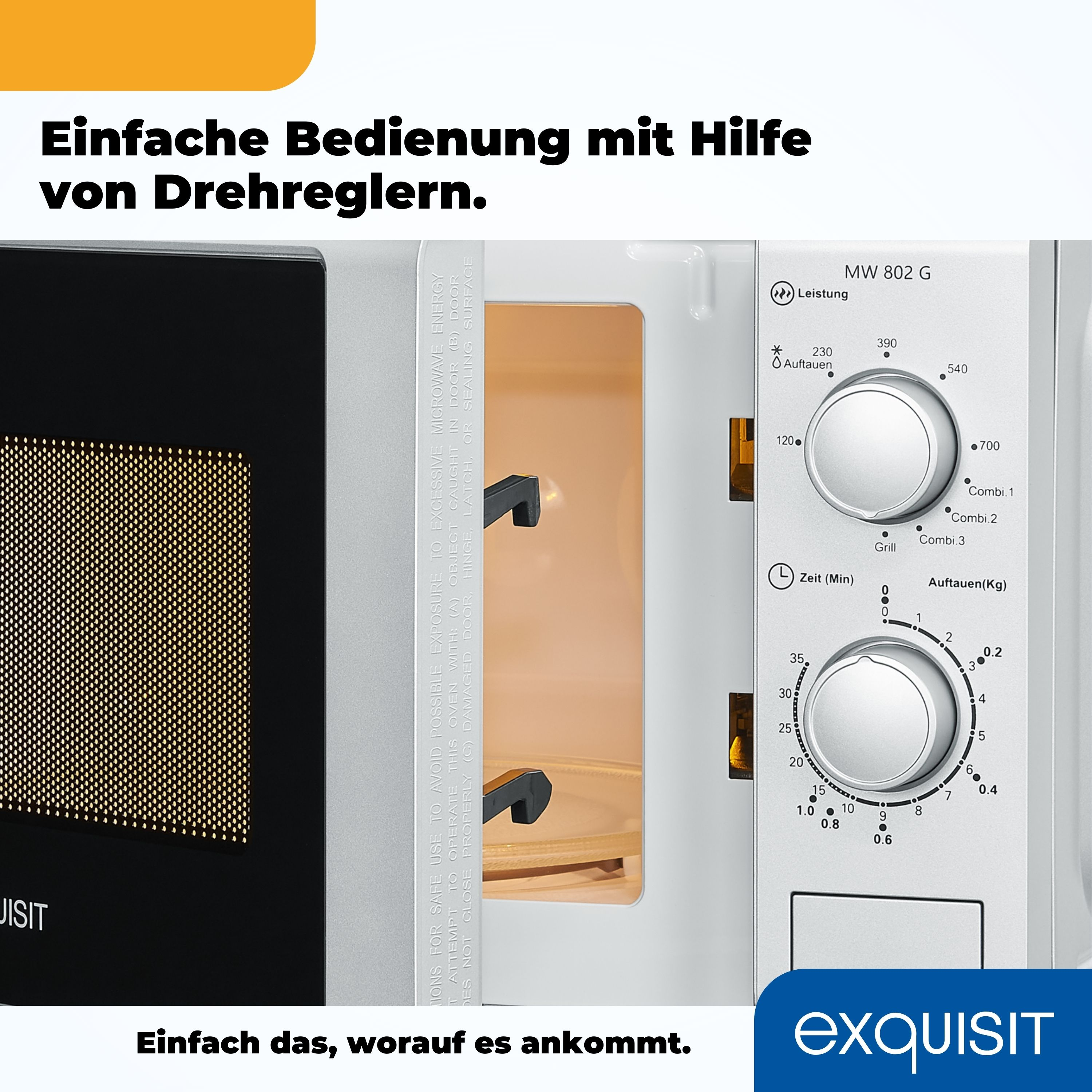 Mikrowelle mit offener Tür, Innenansicht. Bedienelemente rechts. Text.