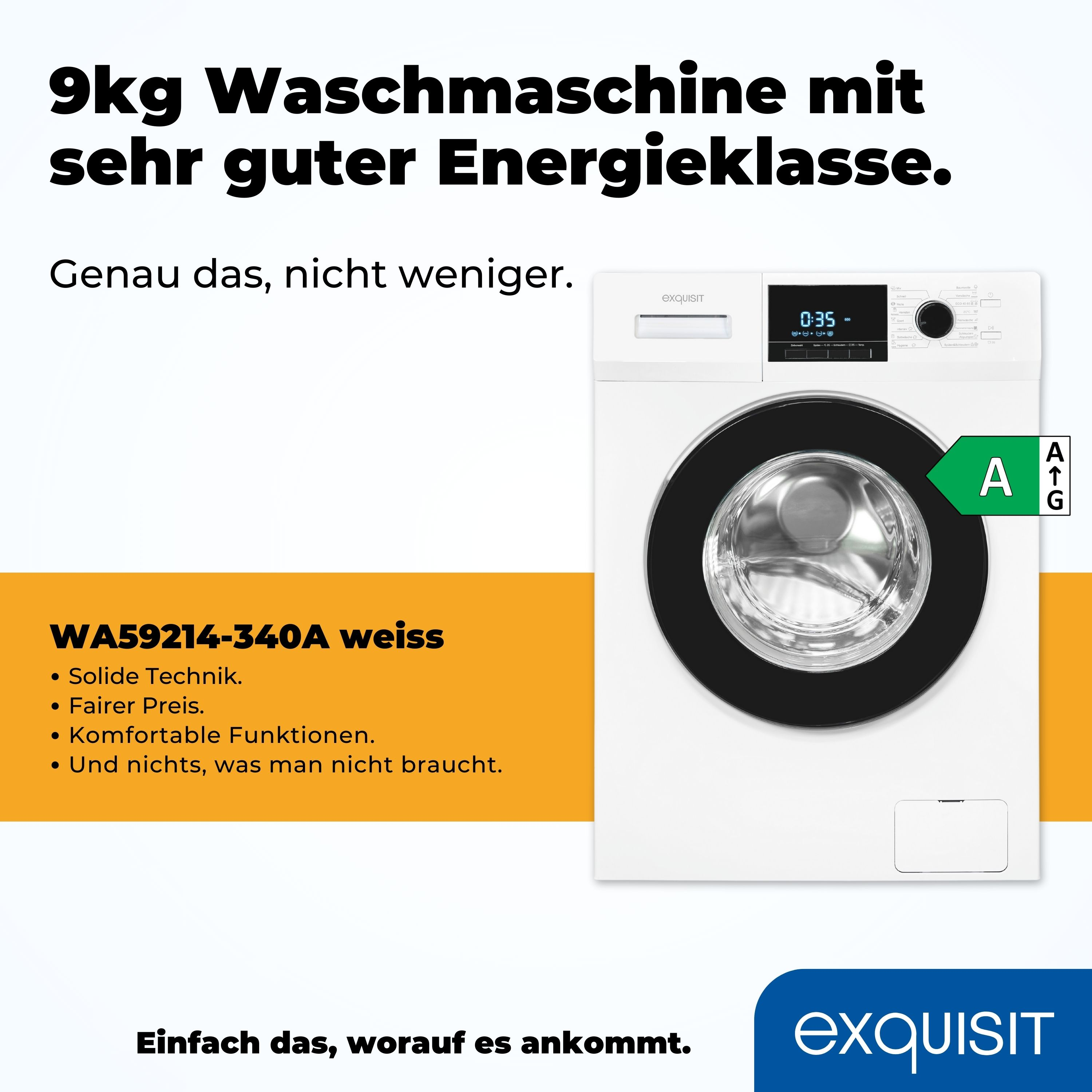Weiße Waschmaschine mit Etikett, Text auf Deutsch.