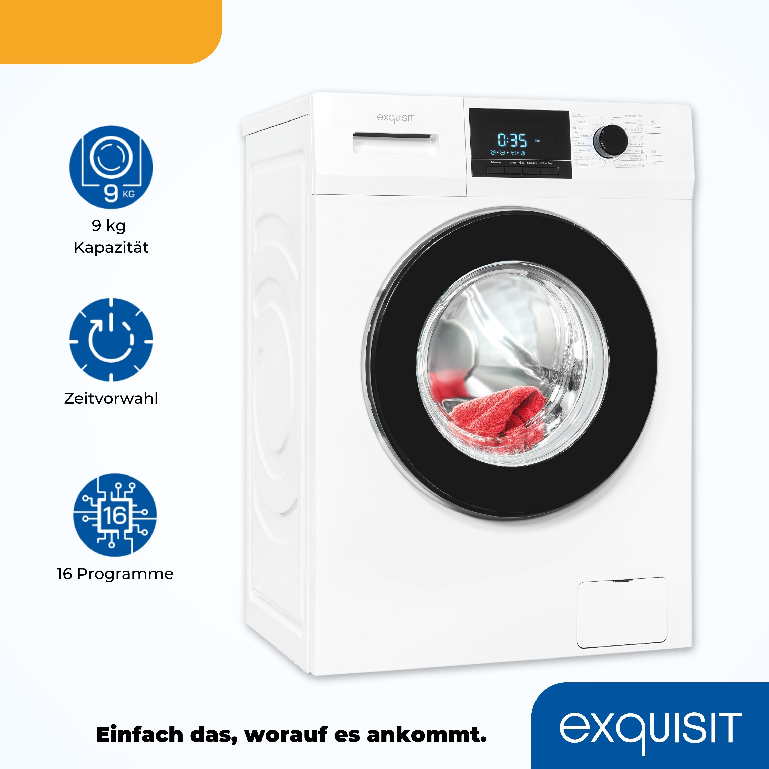 Eine weiße Waschmaschine mit schwarzer Tür und digitaler Anzeige. Symbole zeigen Funktionen.