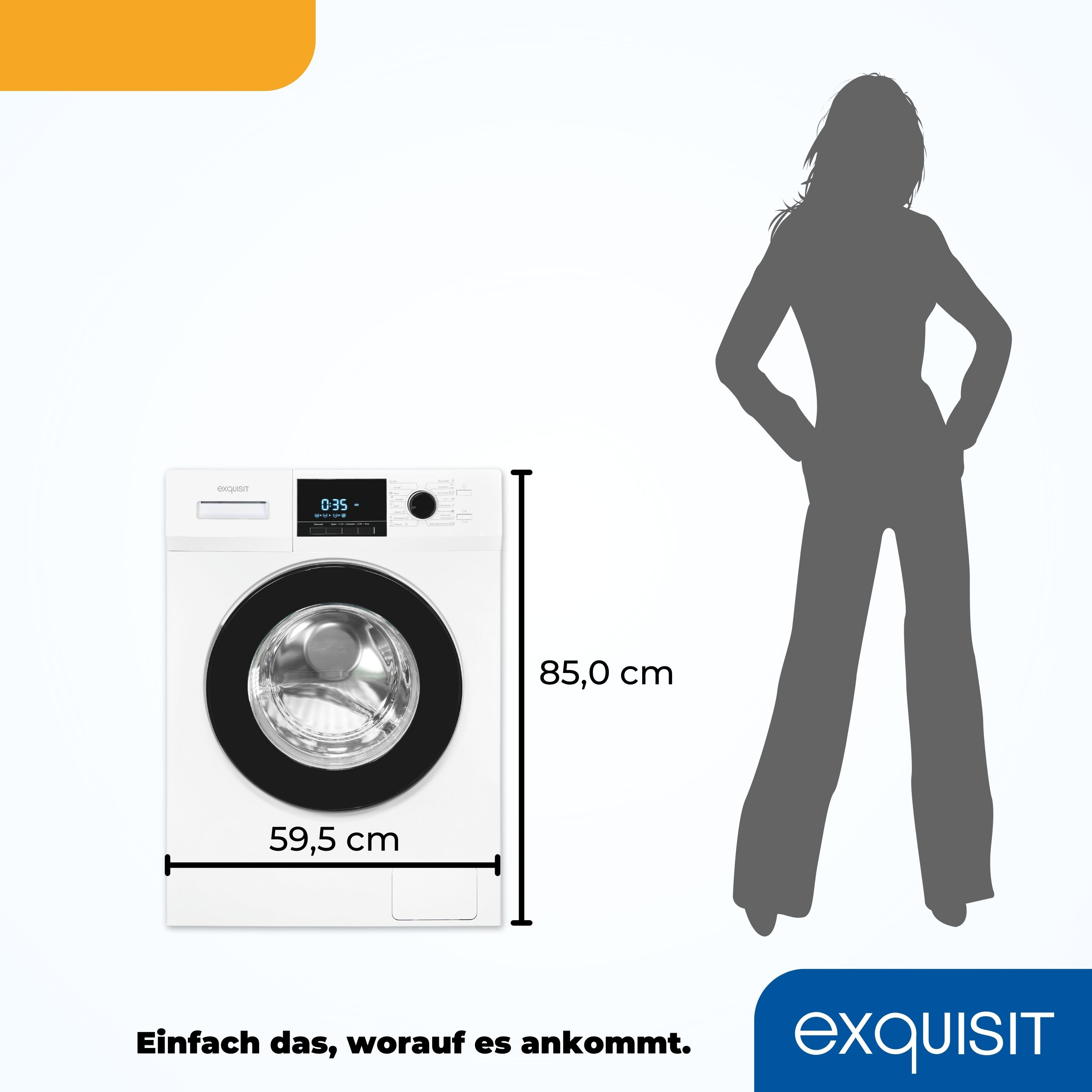 Eine Waschmaschine mit Maßen und eine graue Silhouett von einer Person zum Maßstab. Die Anzeige zeigt 0:35.