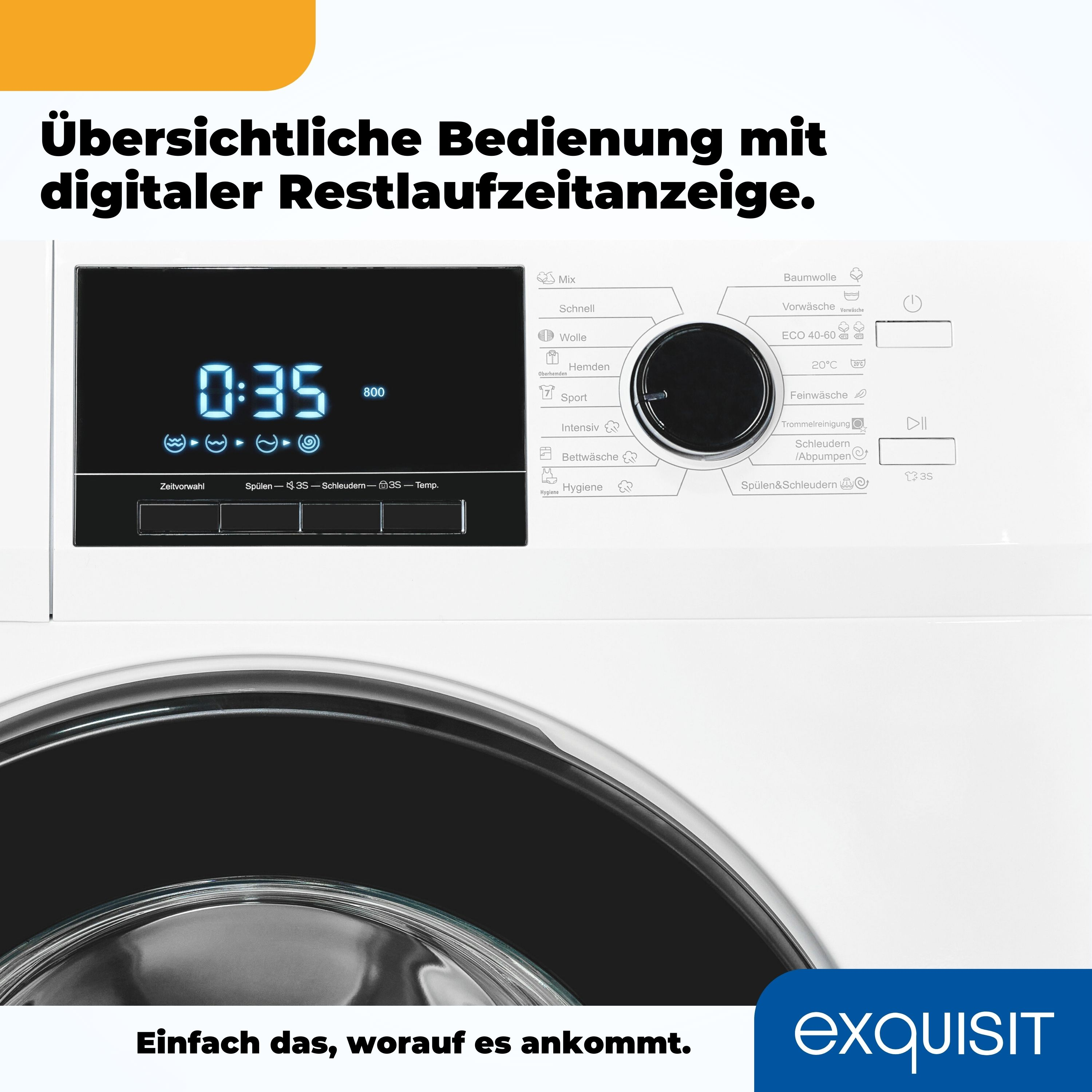 Waschmaschinen-Bedienfeld mit digitaler Anzeige. Text auf Deutsch gibt Funktionen an.