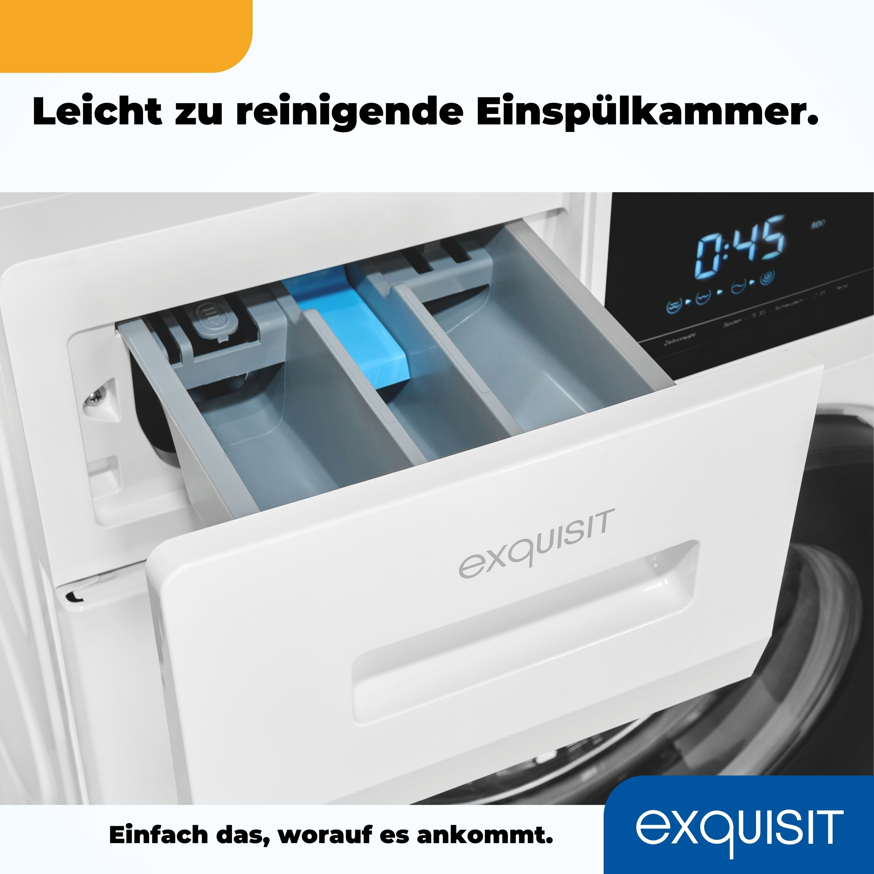 Eine weiße Waschmittel-Schublade geöffnet, mit blauem Waschmittel.