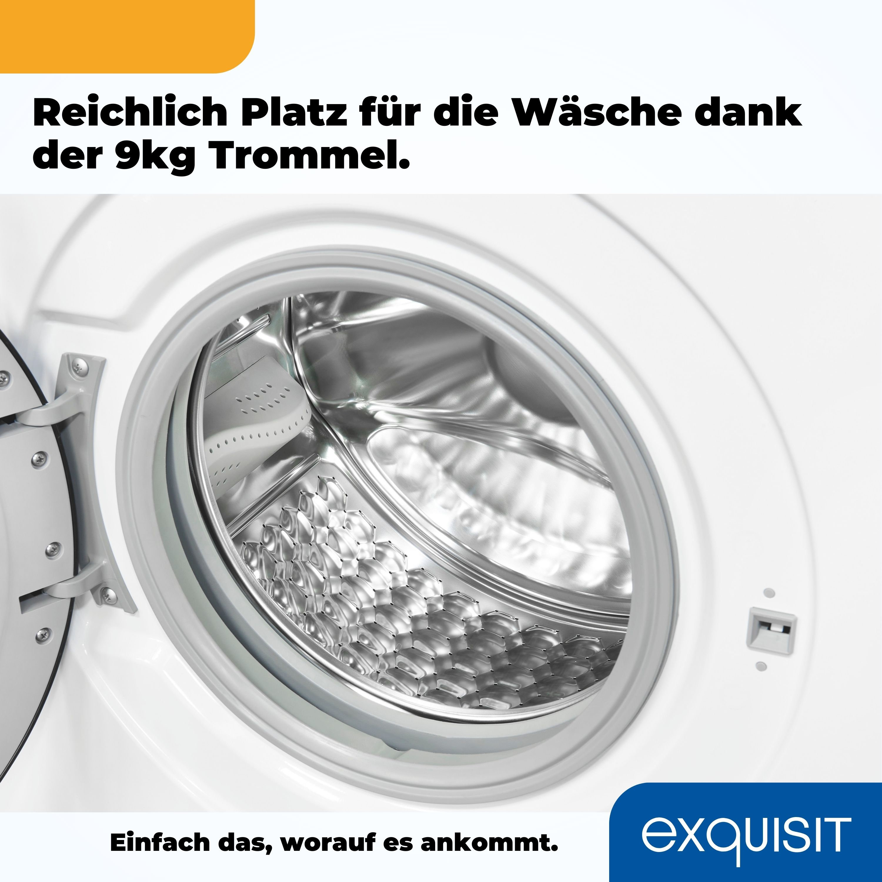 Nahaufnahme der Waschmaschinentür, Trommel und offene Tür zeigend.