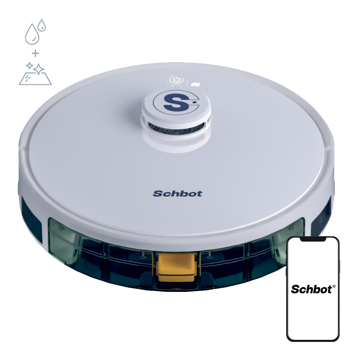 Ein weißer Roboter-Staubsauger mit einem S-Logo. Ein Telefon zeigt dasselbe Logo.
