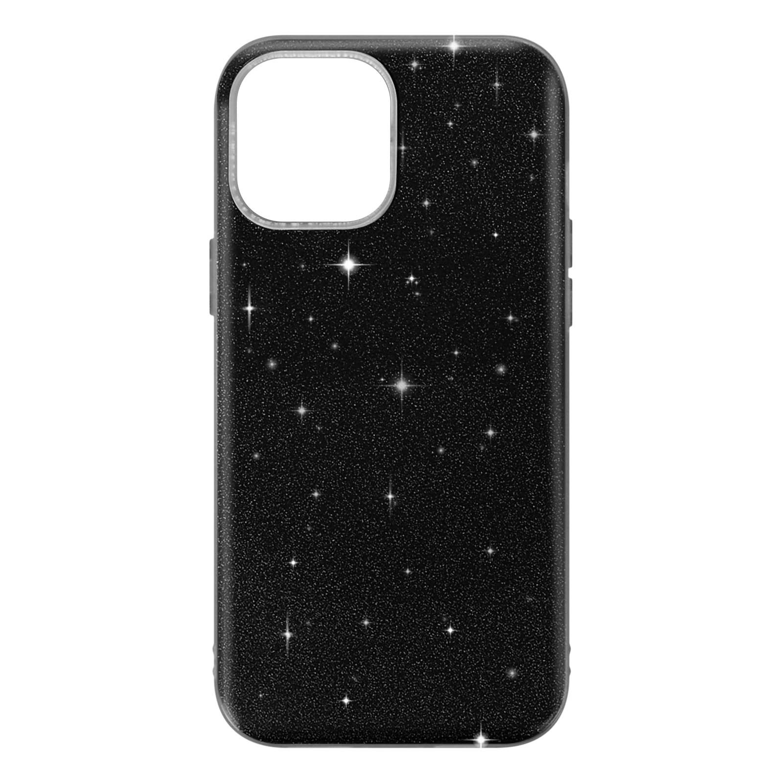 Custodia nera per telefono con design di stelle scintillanti.