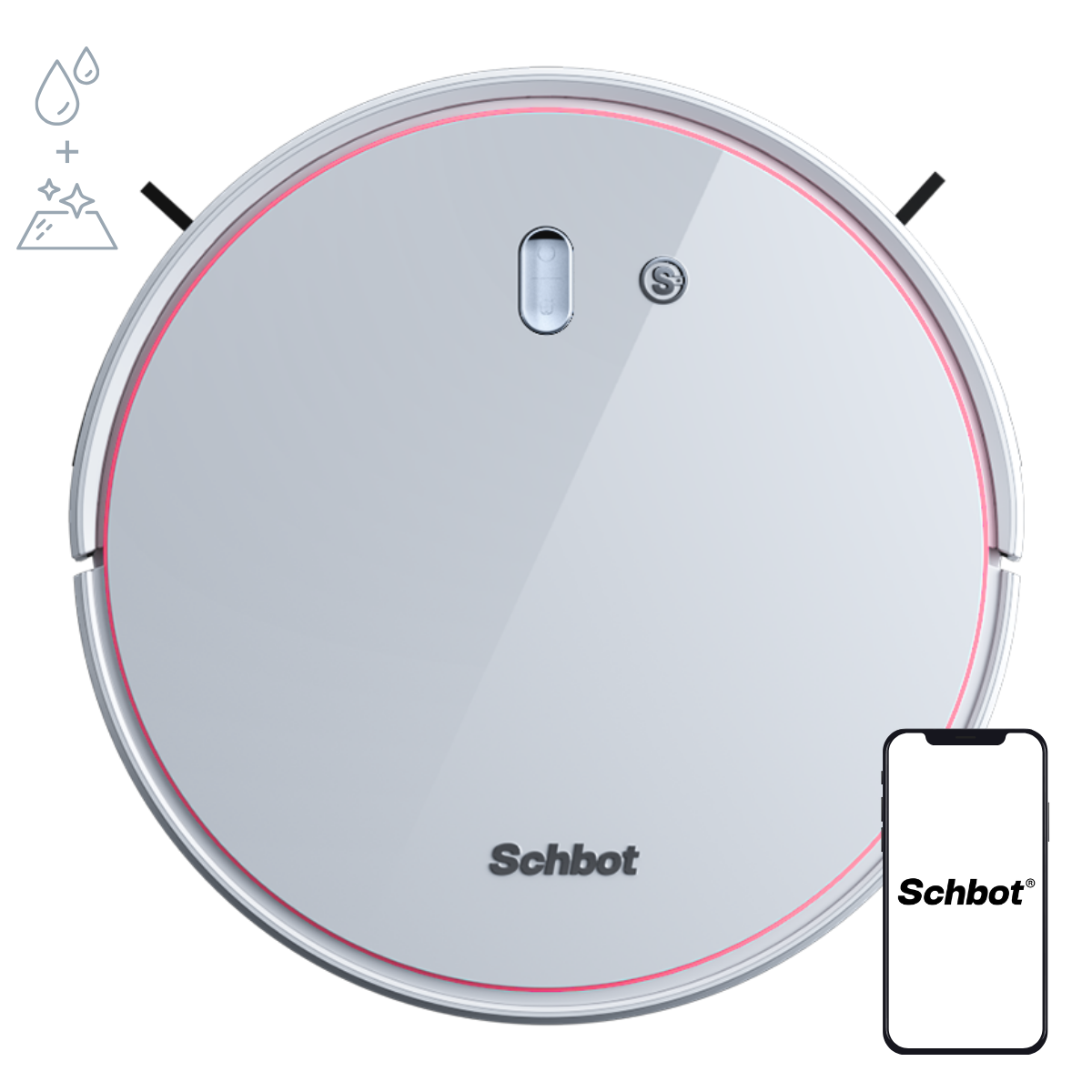 Ein runder, weißer Roboter-Staubsauger mit rotem Akzent. Ein Smartphone befindet sich auf der rechten Seite.
