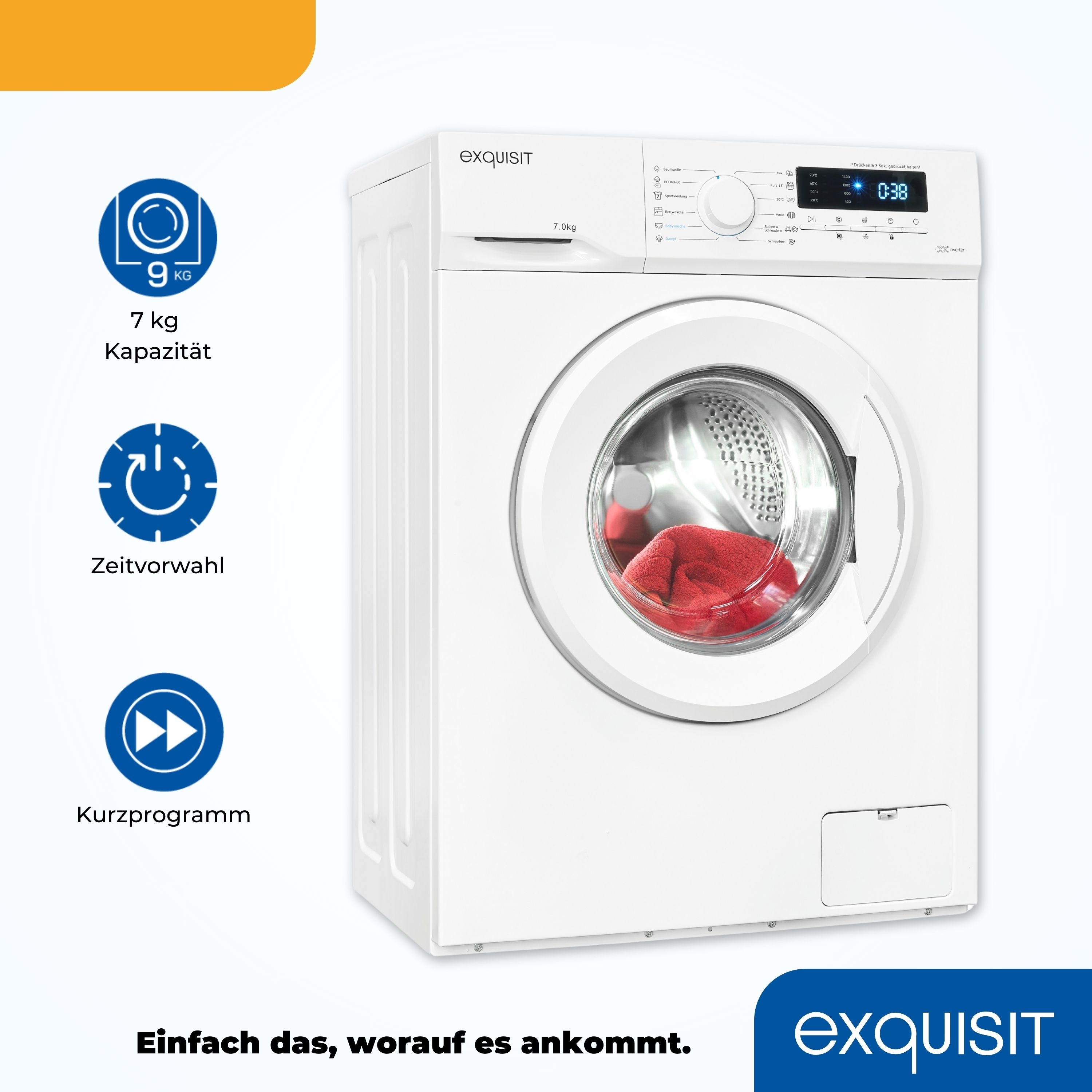 Eine weiße Waschmaschine mit Symbolen für Kapazität, Zeitauswahl und Kurzprogramm. Die Marke ist Exquisit.