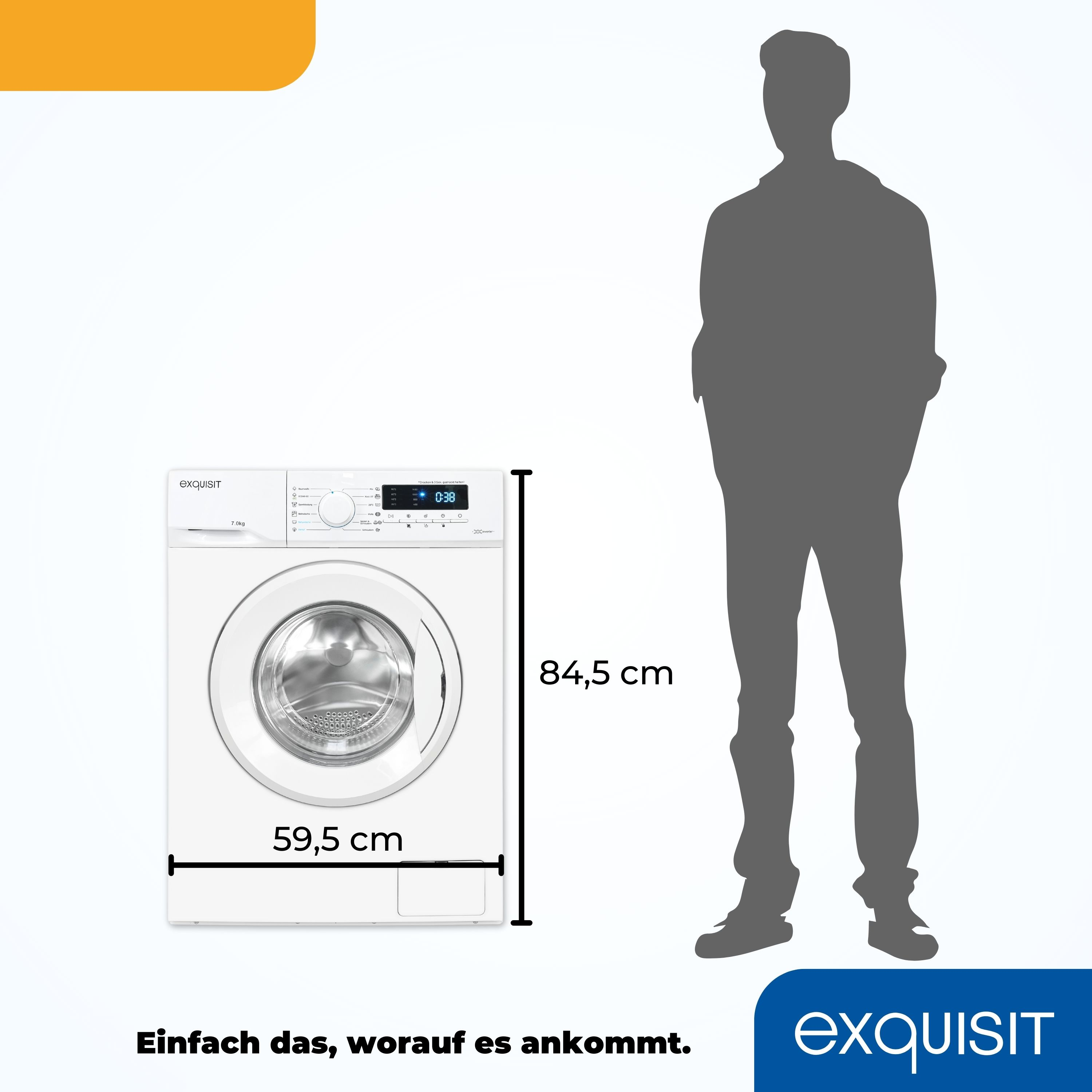 Eine weiße Waschmaschine mit Abmessungen. Eine Silhouette einer Person steht rechts.