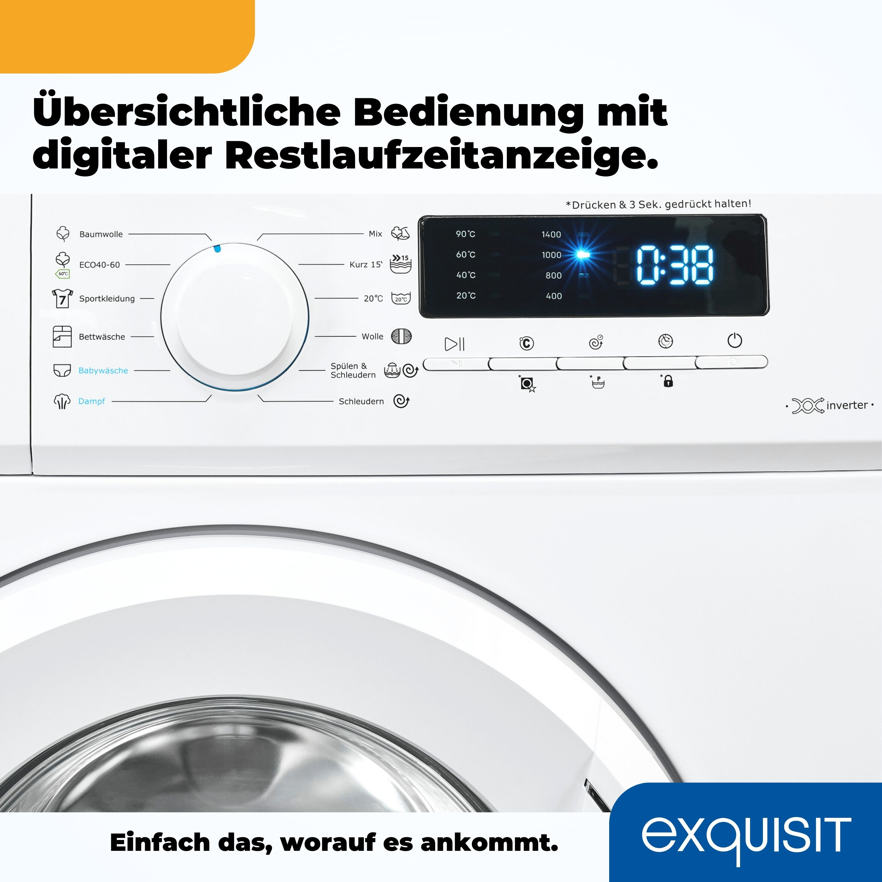 Waschmaschinen-Bedienfeld mit Digitalanzeige der Zeit und verschiedenen Programmen.