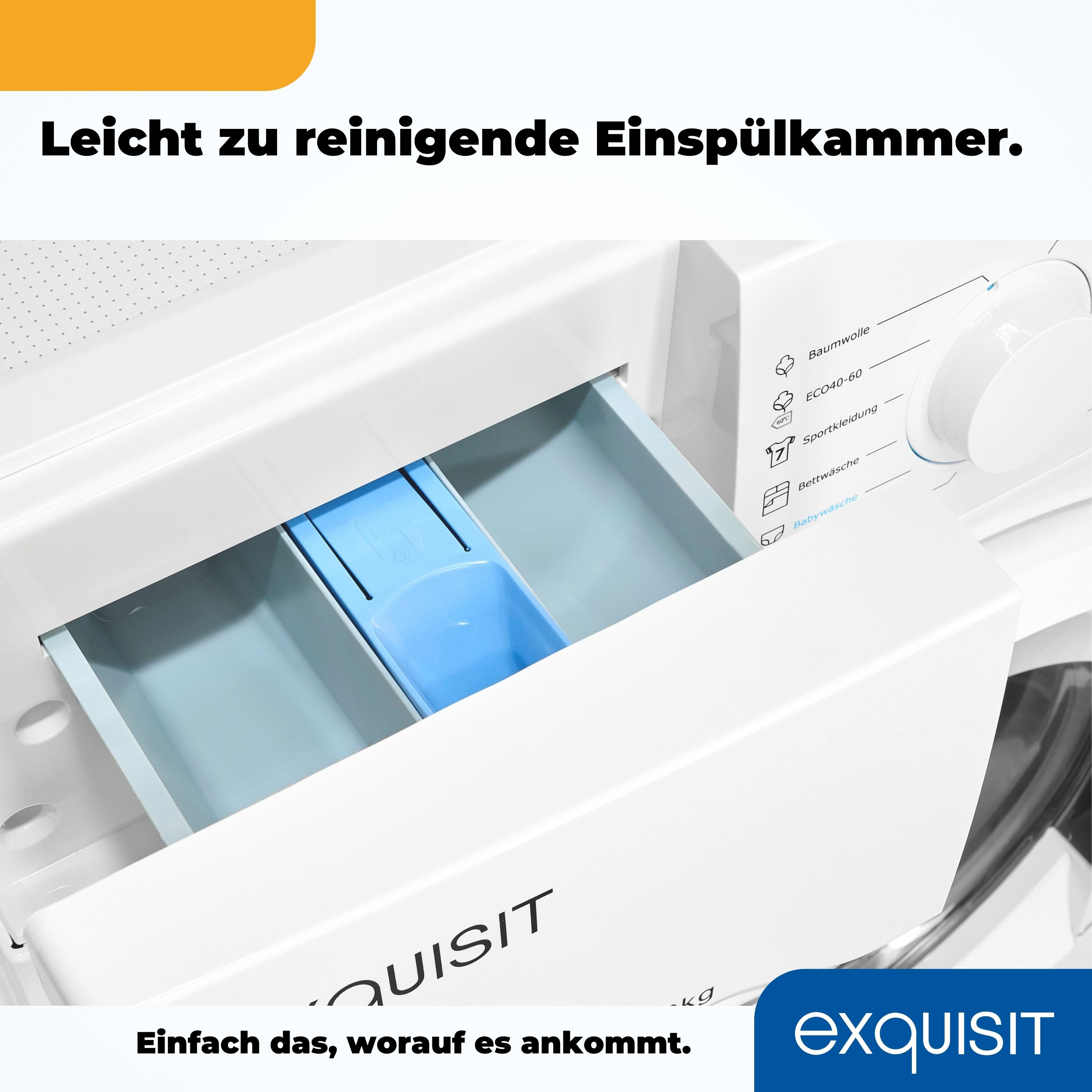Waschmittel Schublade der Waschmaschine, teilweise geöffnet und mit blauem Waschmittel gefüllt.