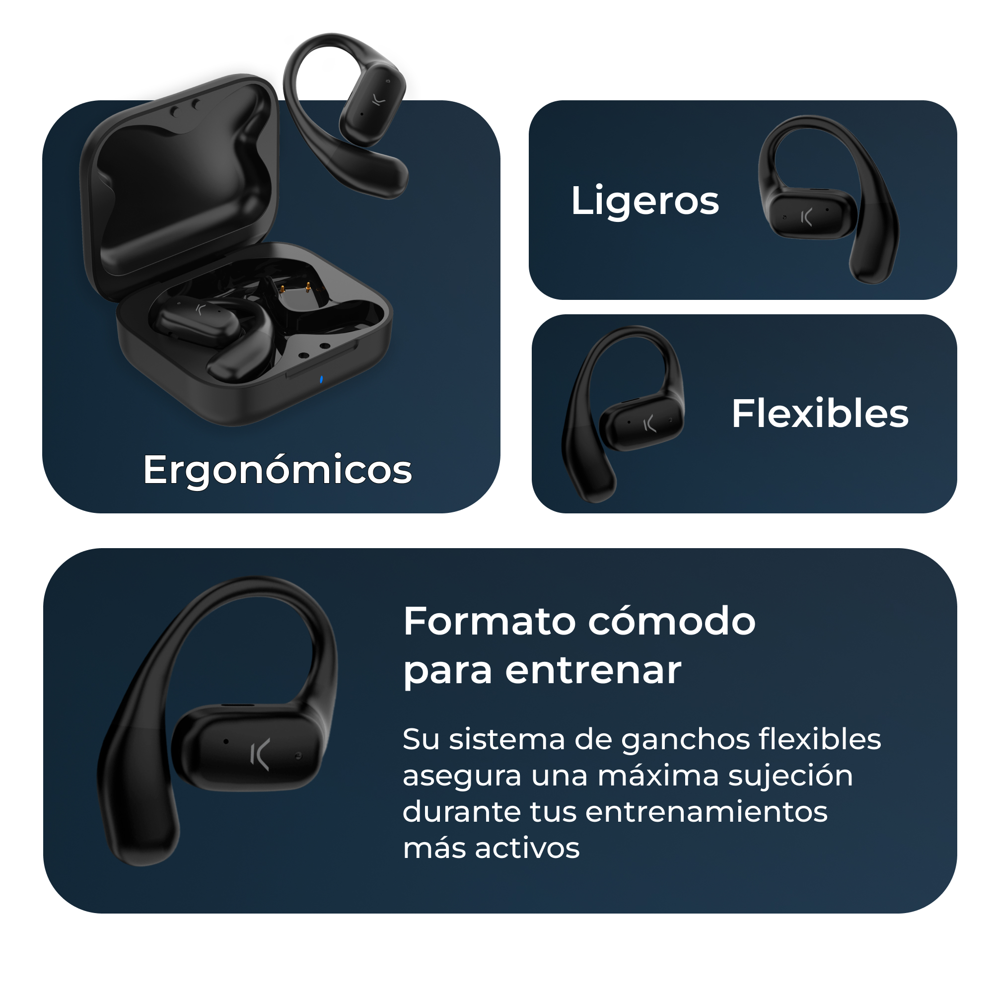 Czarne bezprzewodowe słuchawki douszne w etui z etykietami: ergonomiczne, elastyczne, wygodne.