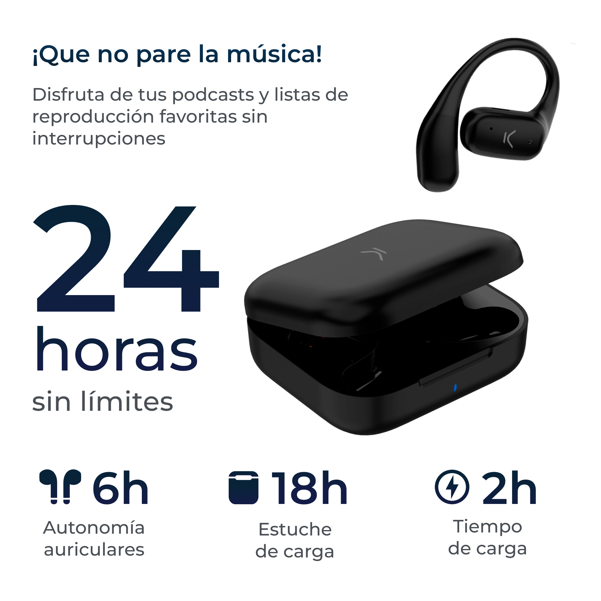 Czarne bezprzewodowe słuchawki z etui ładującym i tekstem.